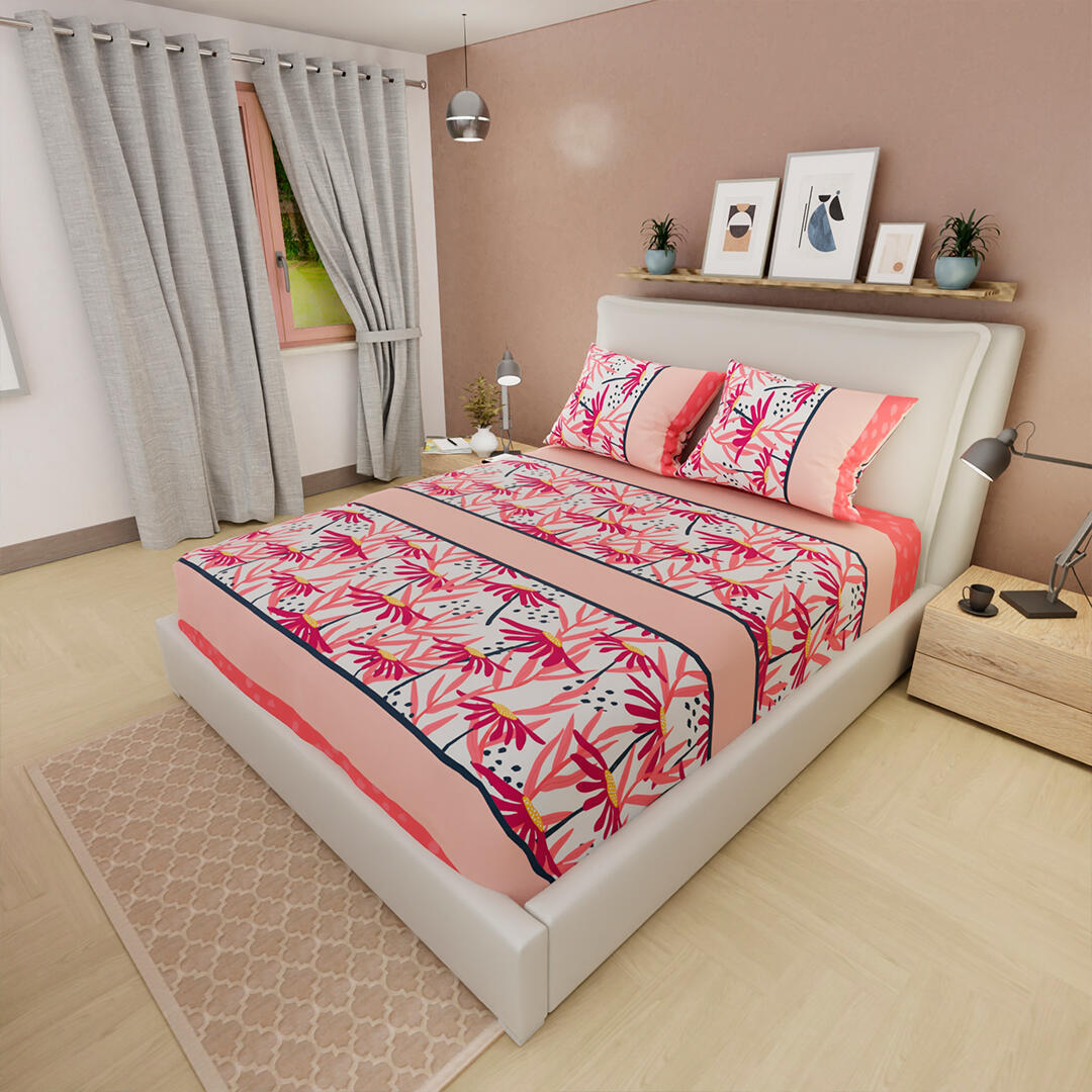 Sábana Ajustable Algas Marinas En Franja Blanca Con Lineas Rosa Claro