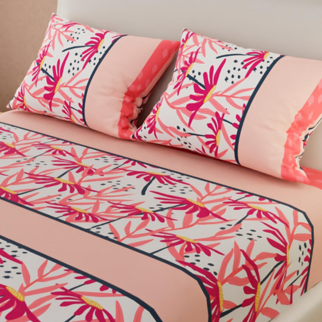 Sábana Ajustable Algas Marinas En Franja Blanca Con Lineas Rosa Claro