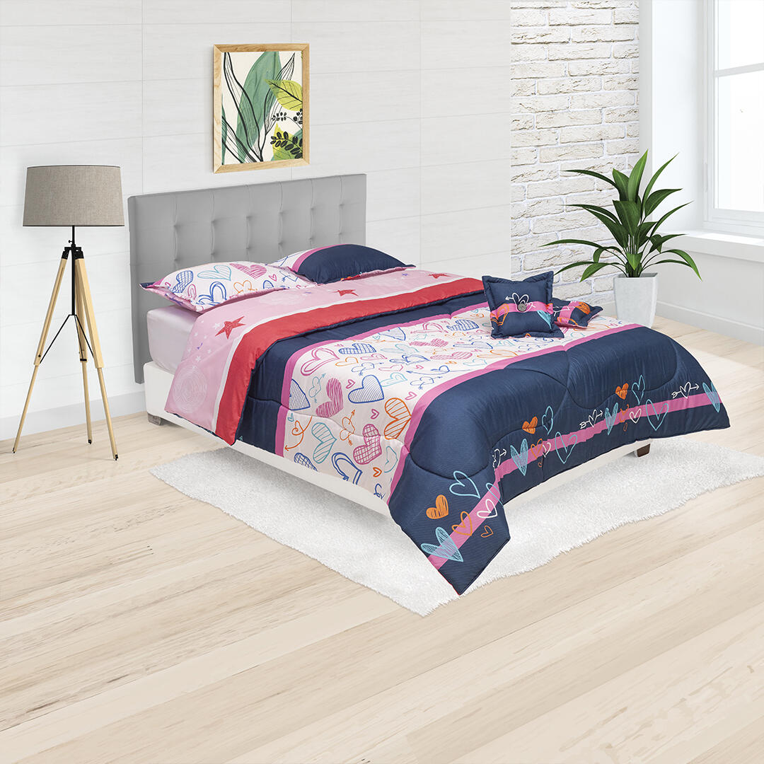 Cubrelecho Super Acolchado  Fondo Azul Con Corazones Y Estrellas  Ultra Suave