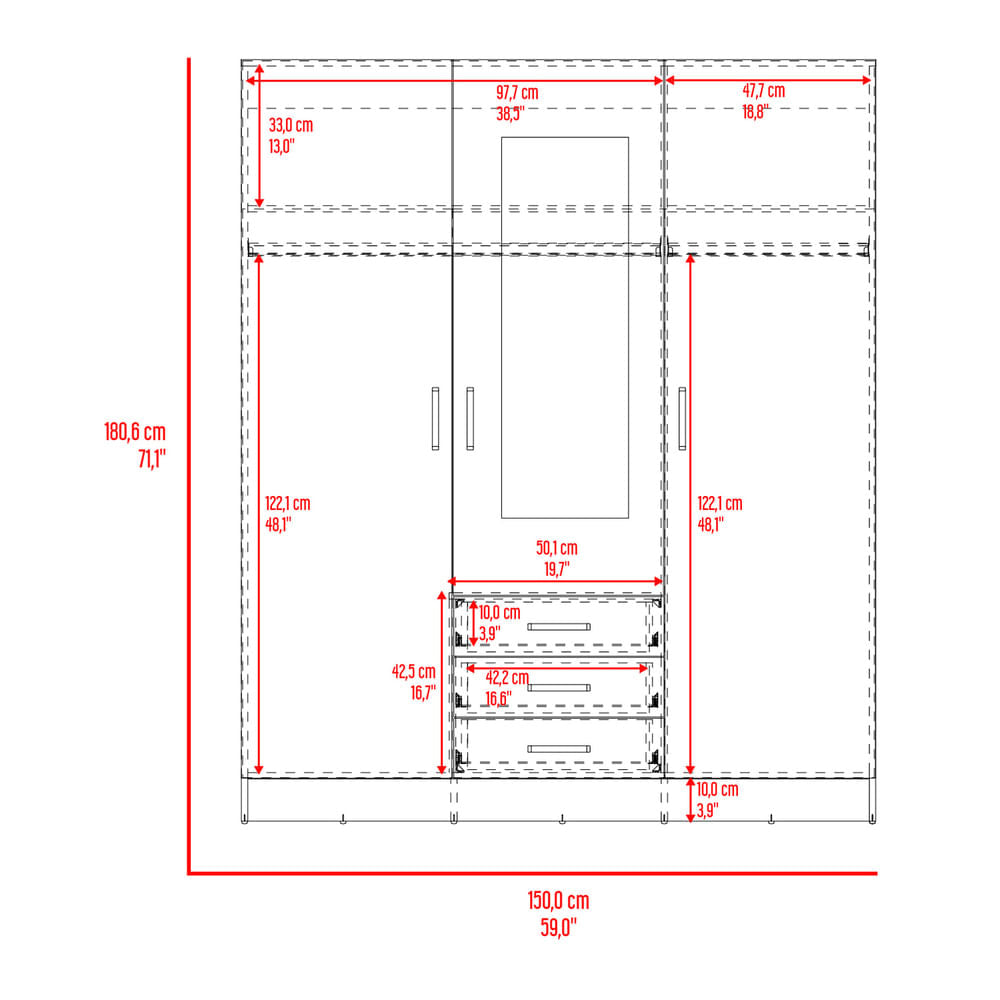 Armario 3P 3C Con Espejo 180X150X48 Rta Wengue Zf