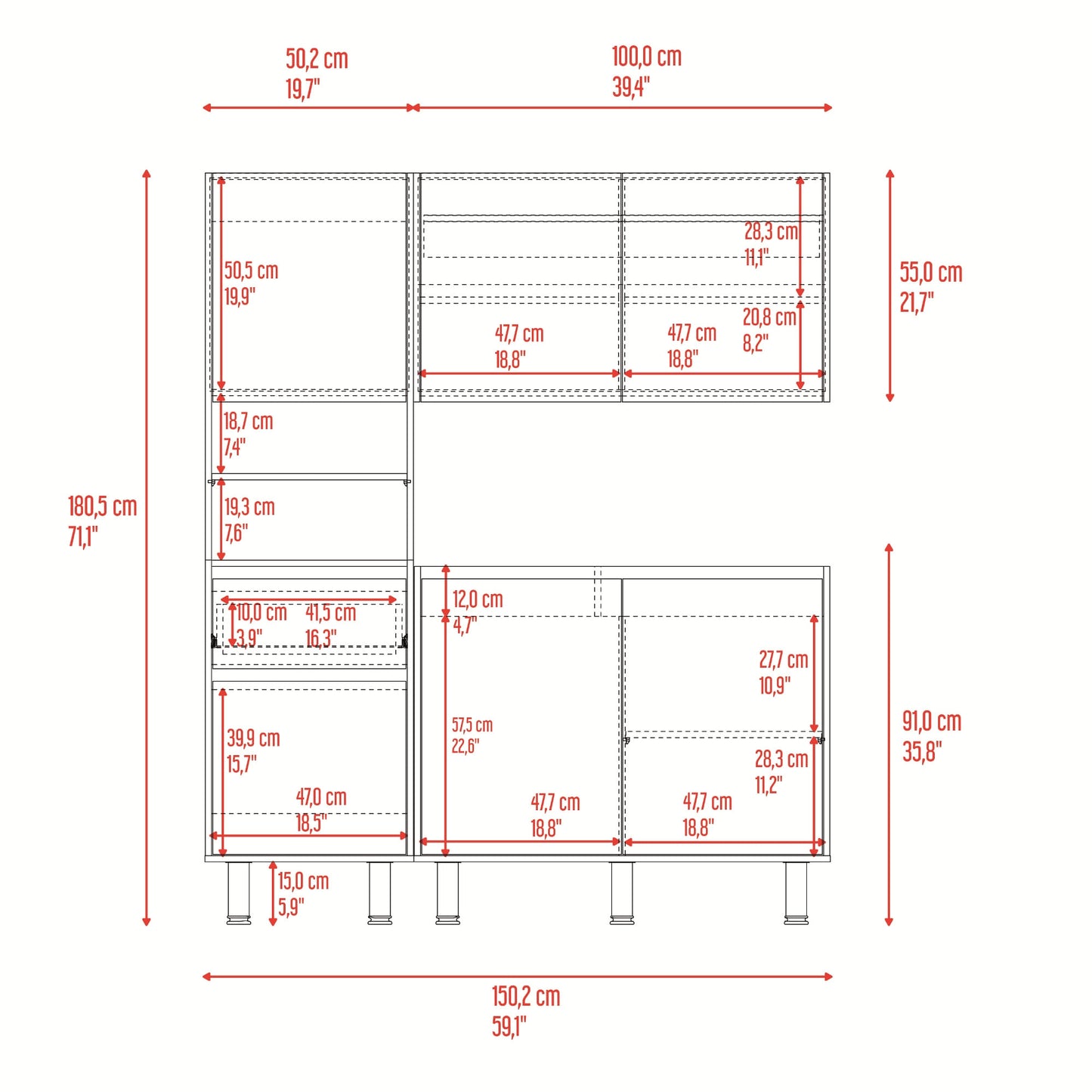 Cocina Dali Para Mesón Derecho 180X150X50 Rta Fresno Wengue