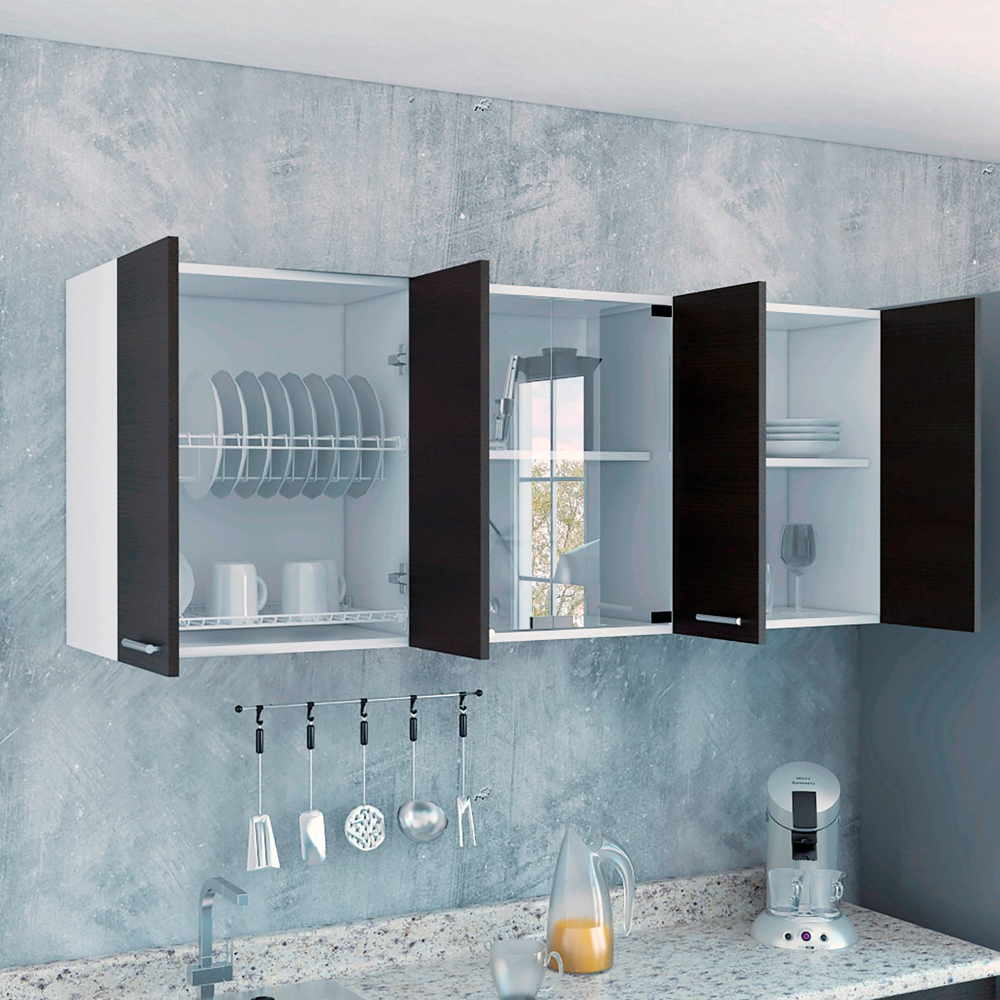Gabinete Superior Cocina 150 Vidrio Rta Blanco + Wengue