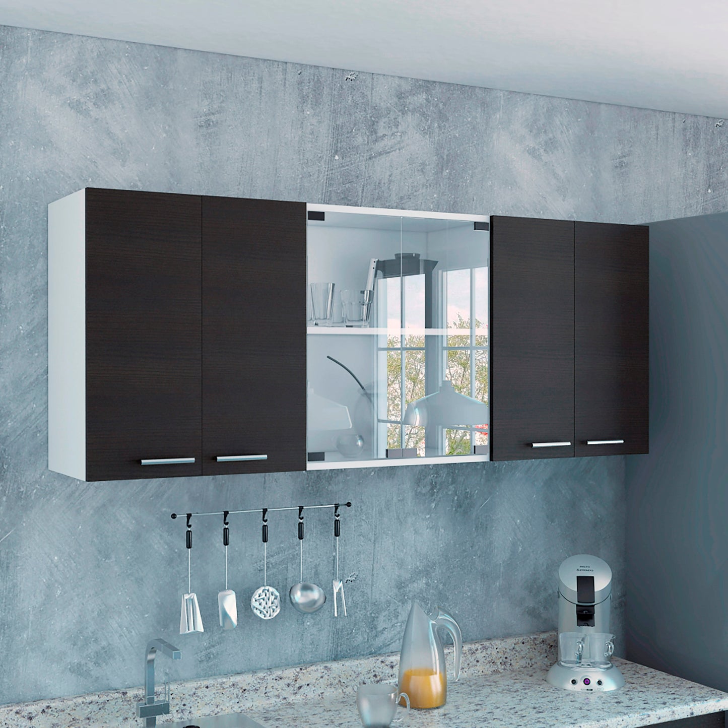 Gabinete Superior Cocina 150 Vidrio Rta Blanco + Wengue