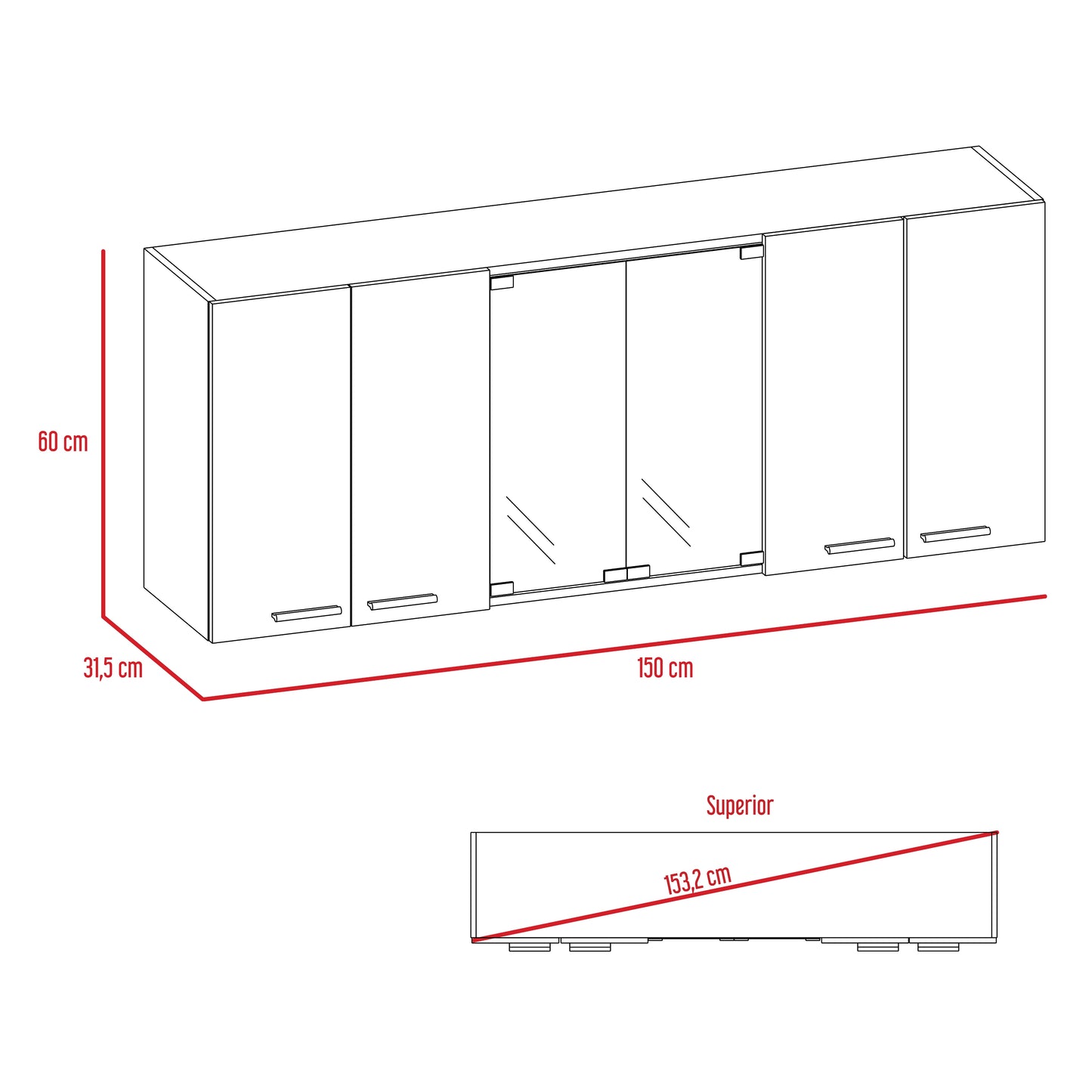 Gabinete Superior Cocina 150 Vidrio Rta Blanco + Wengue