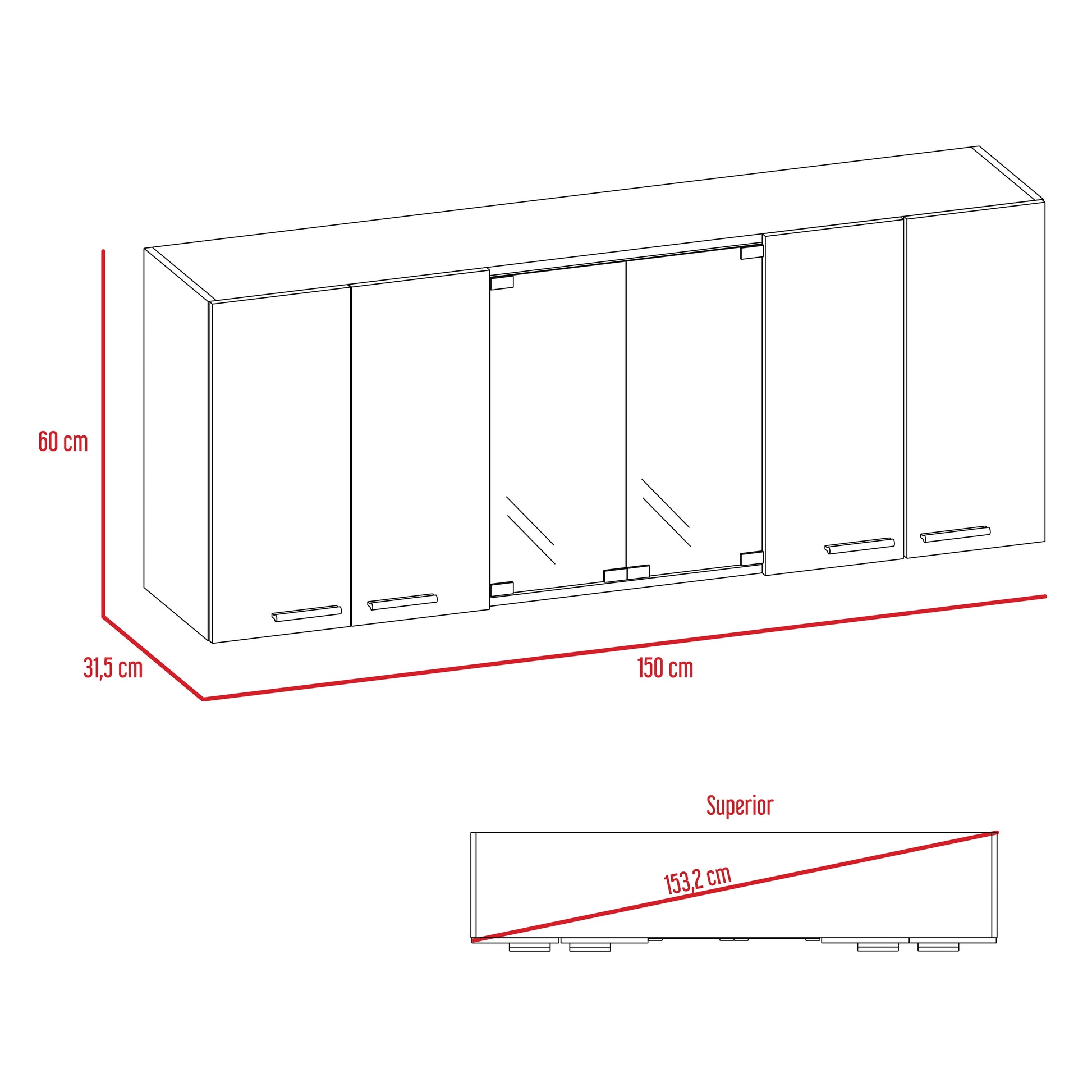 Gabinete Superior Cocina 150 Vidrio Rta Blanco + Wengue