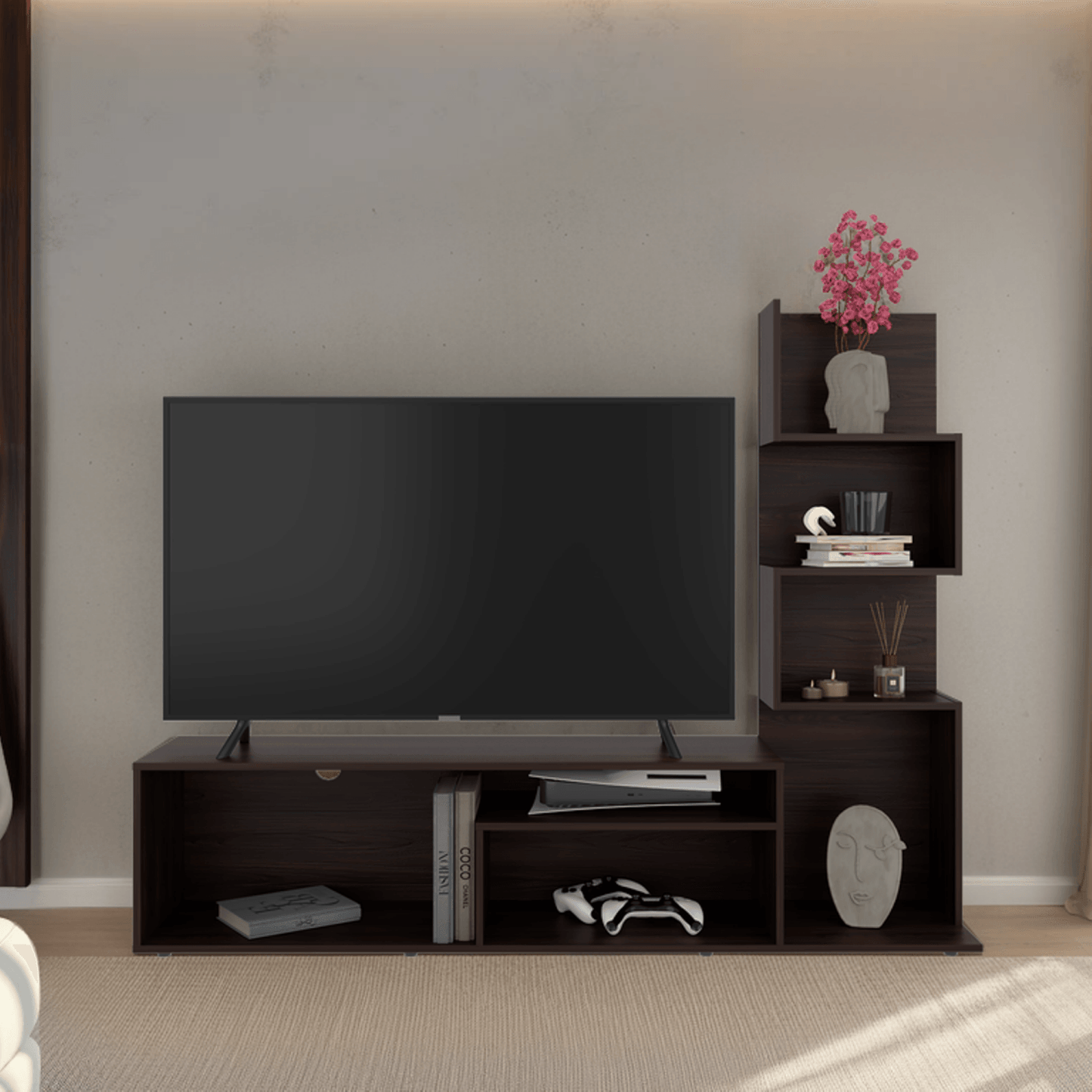 Mesa De  Tv 55" Lugano 134X169X35 Rta Nogal Europeo
