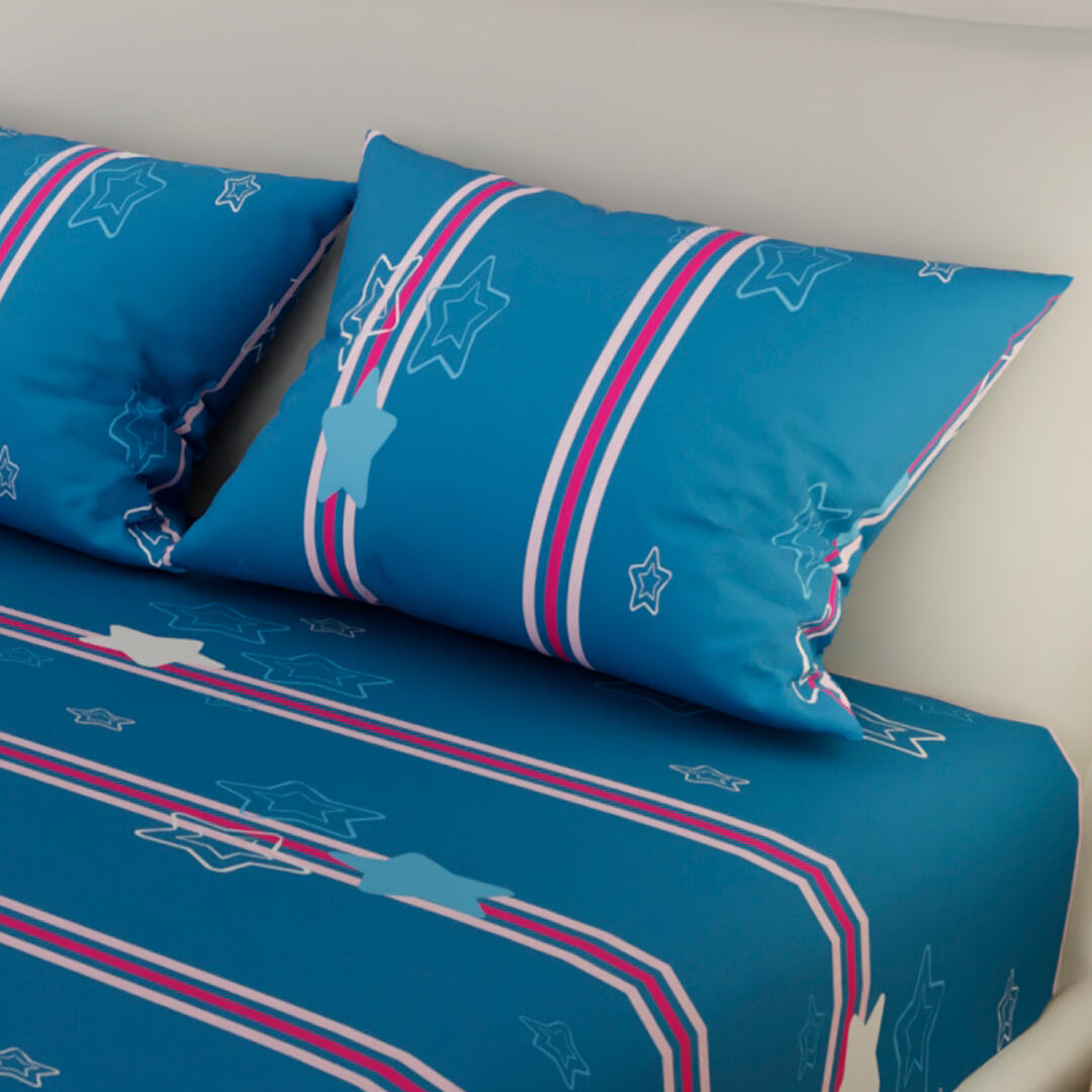 Sabana Ajustable Estrellas Fondo Azul Con Rosado