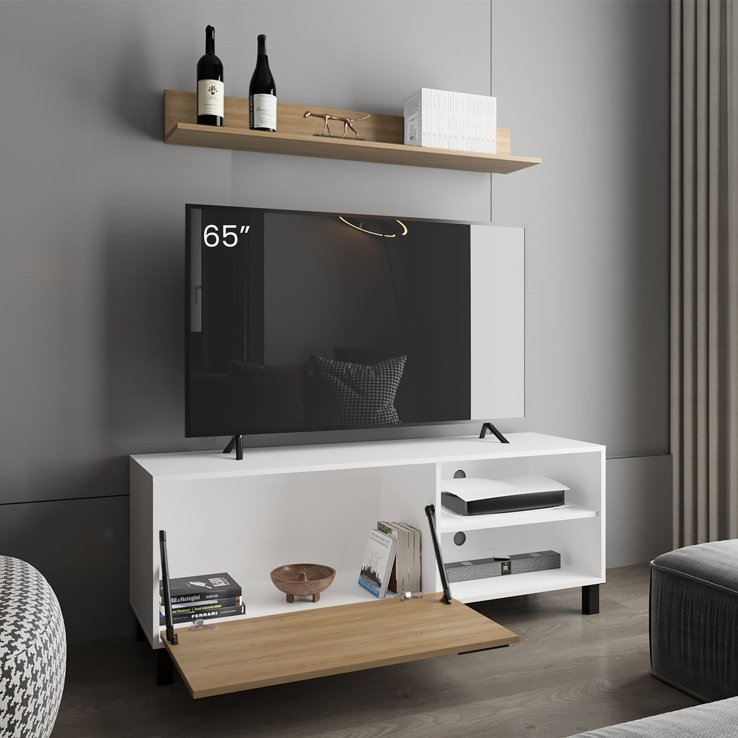 Rack Tv Bryce 55" + Repisa 53X140X40 Rta Blanco Fresno