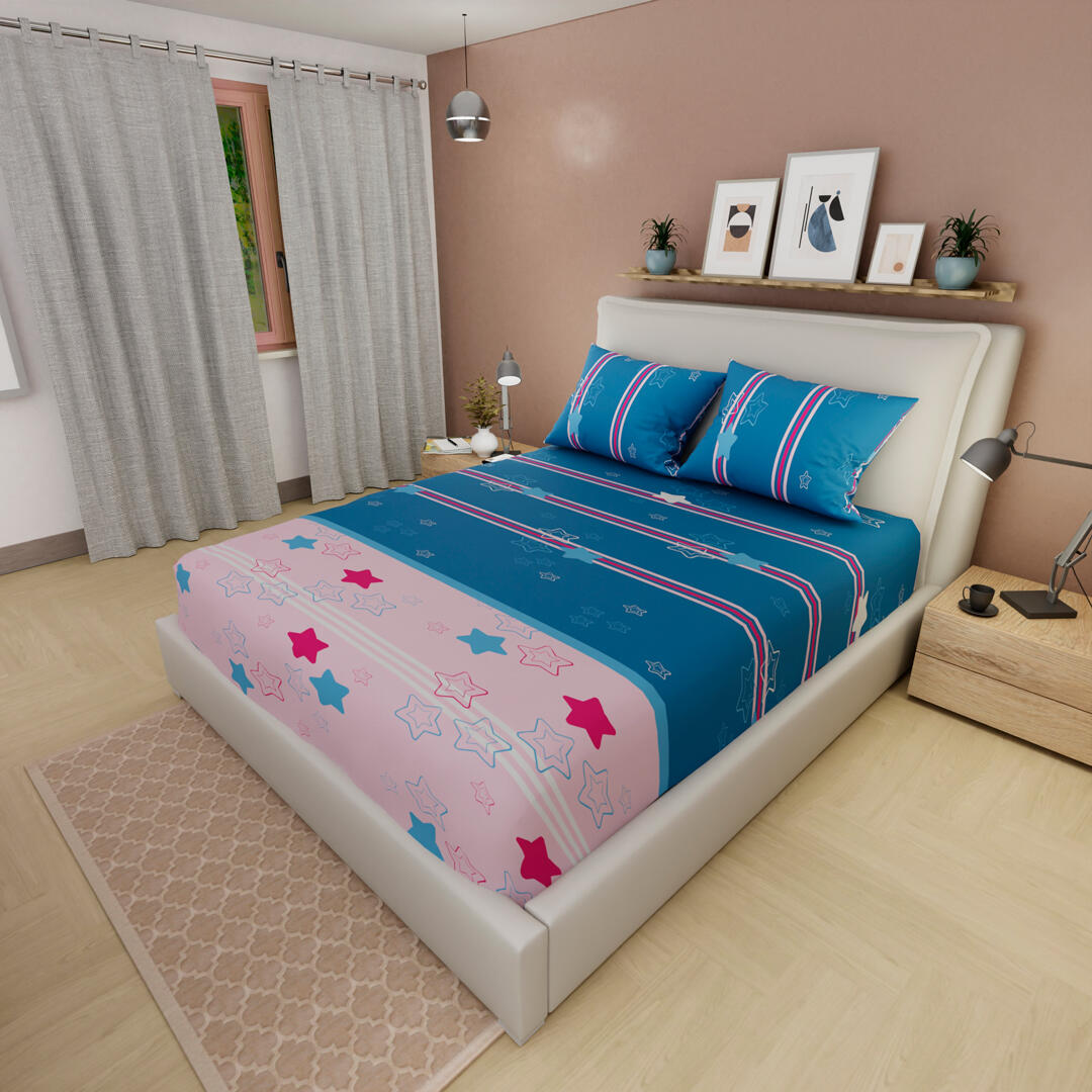 Sabana Ajustable Estrellas Fondo Azul Con Rosado