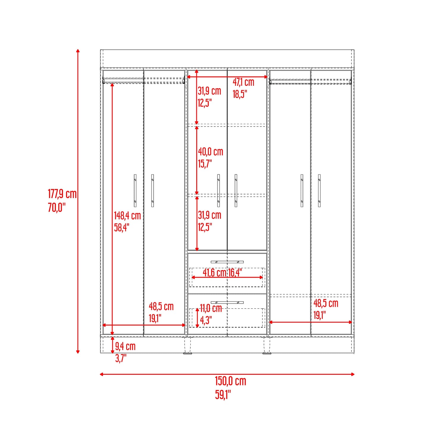 Closet 150 Vm 6 Puertas 2 Cajones 177X150X50Rta Fresno Eu Wengue