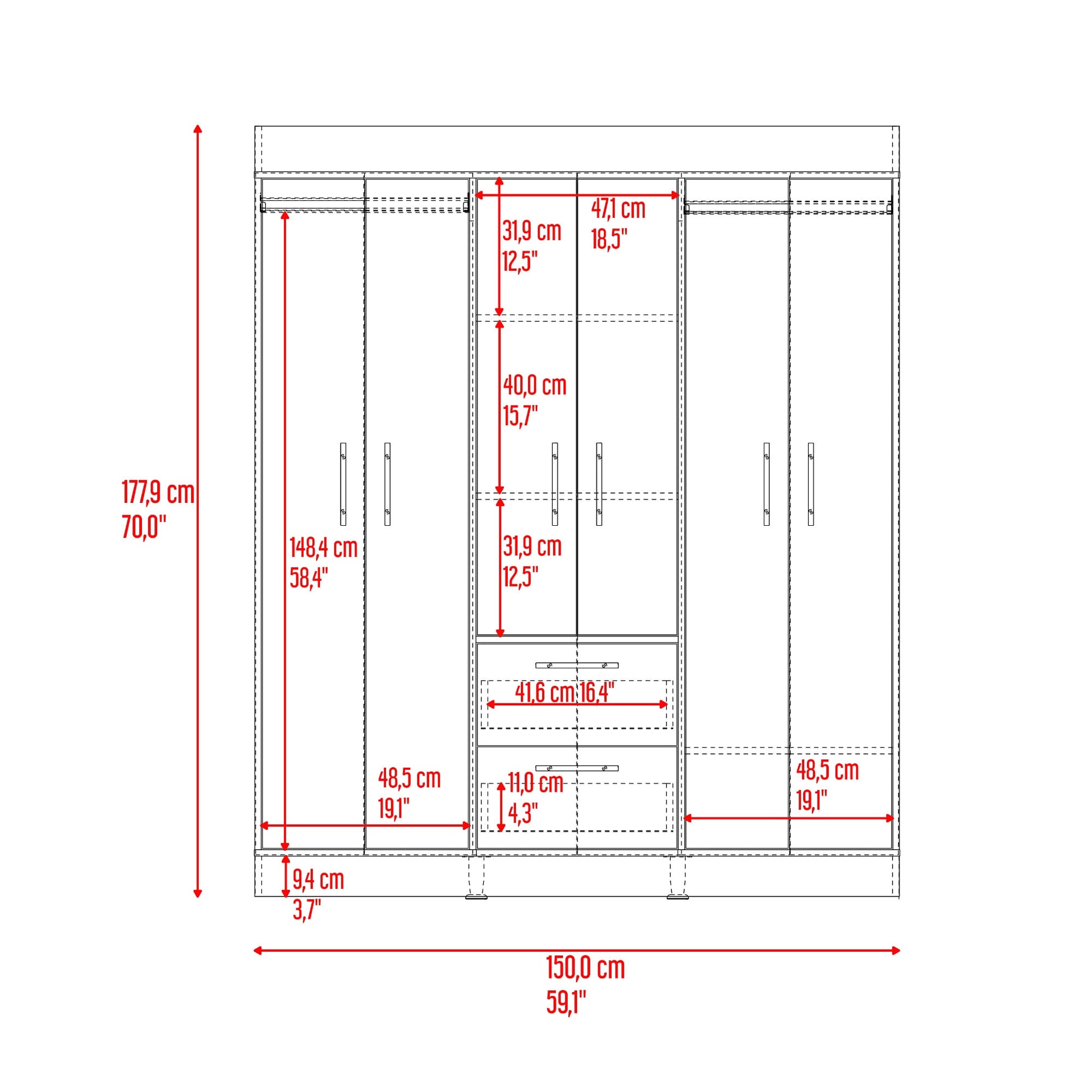 Closet 150 Vm 6 Puertas 2 Cajones 177X150X50Rta Fresno Eu Wengue