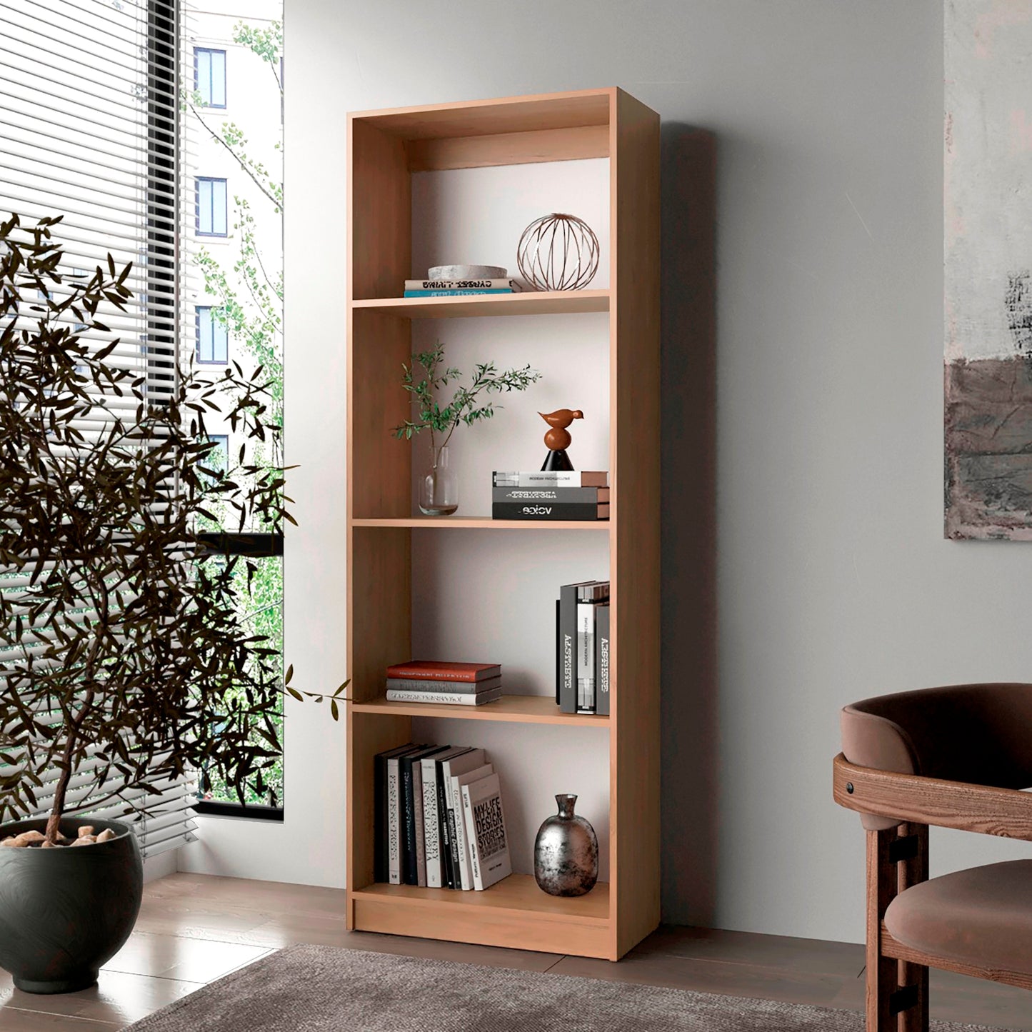 Biblioteca Home 4 Espacios 180X62X29 Rta Fresno Europeo + Blanco Zf