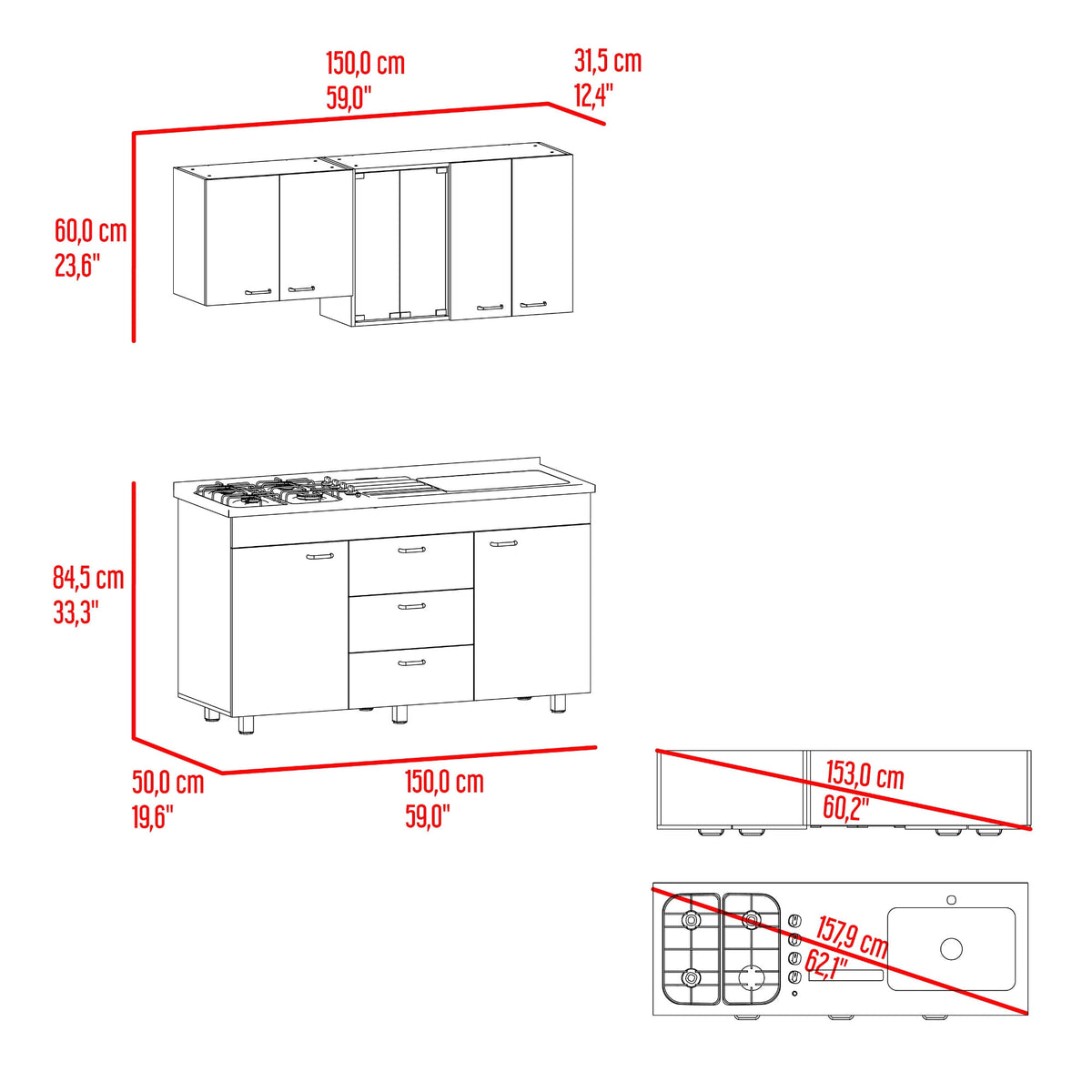 Cocina 150 Lumina Der 60X150X31 Rta Blanco Positano