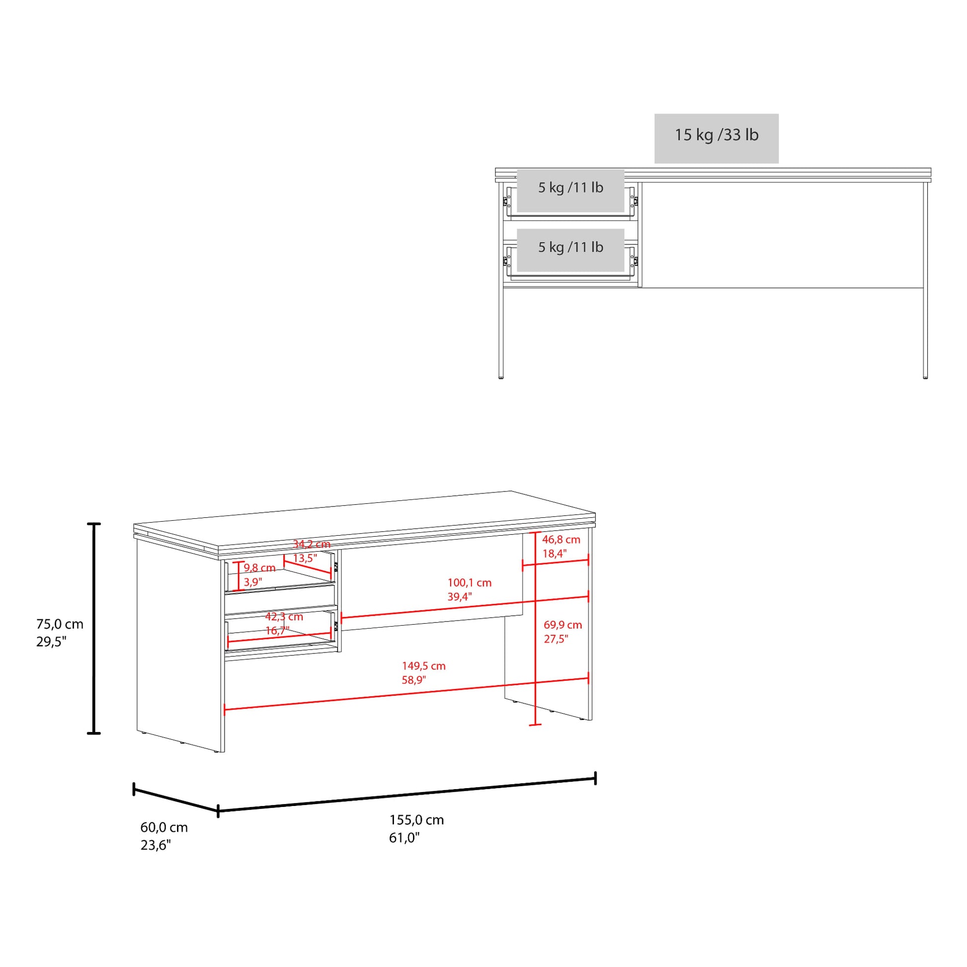 Escritorio Toronto 75X155X60 Rta Wengue Zf