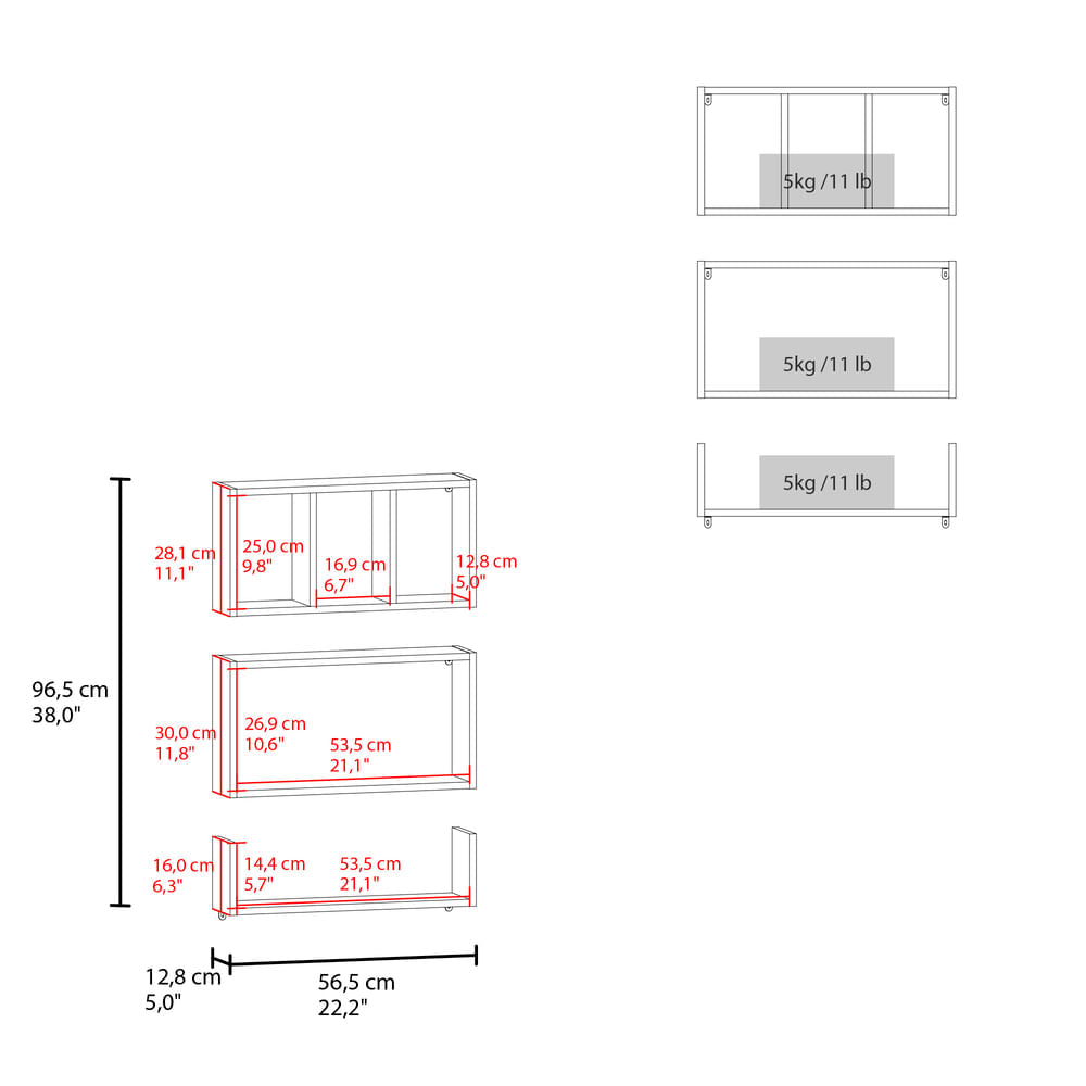 Estante De Pared Set 3 Trego 74X56X12 Rta Blanco Zf