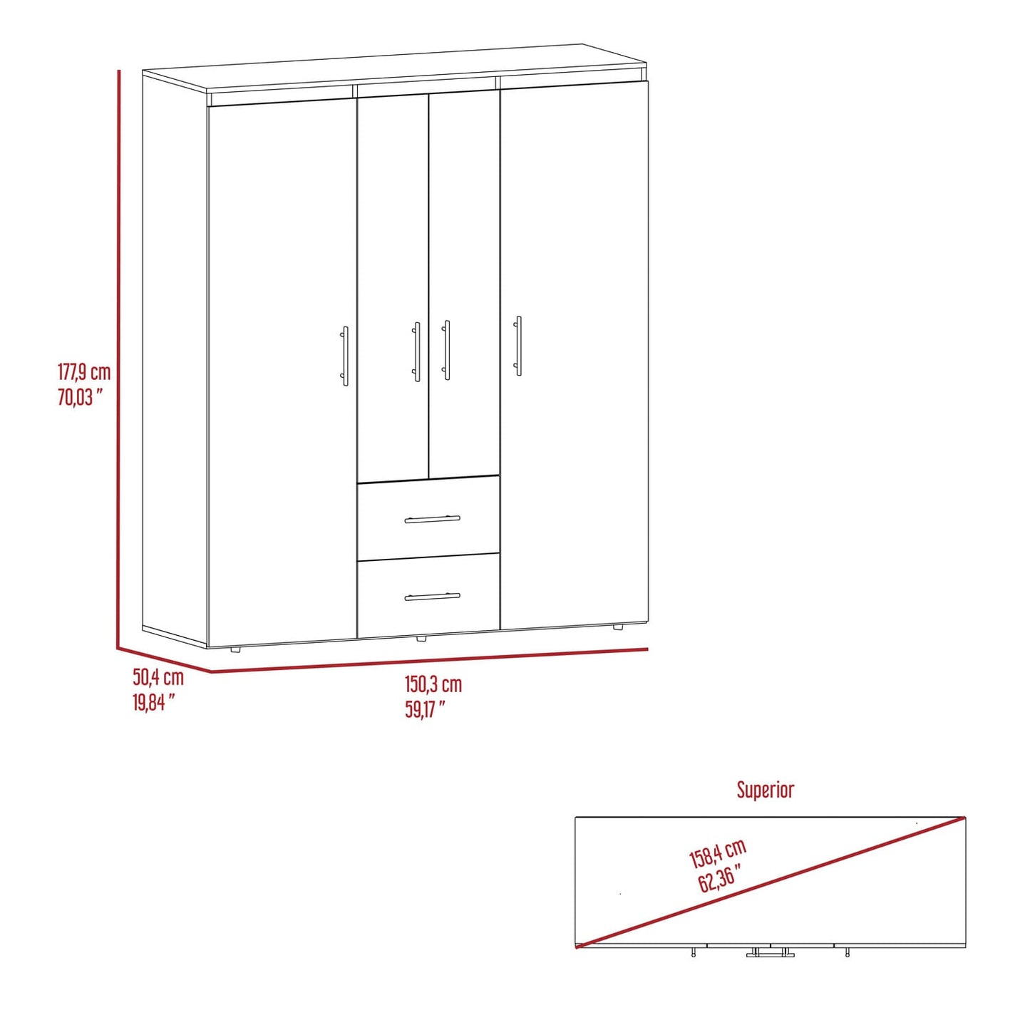 Closet Bariloche Eco 150 177X150X50 Rta Fresno/Blanco Plomo