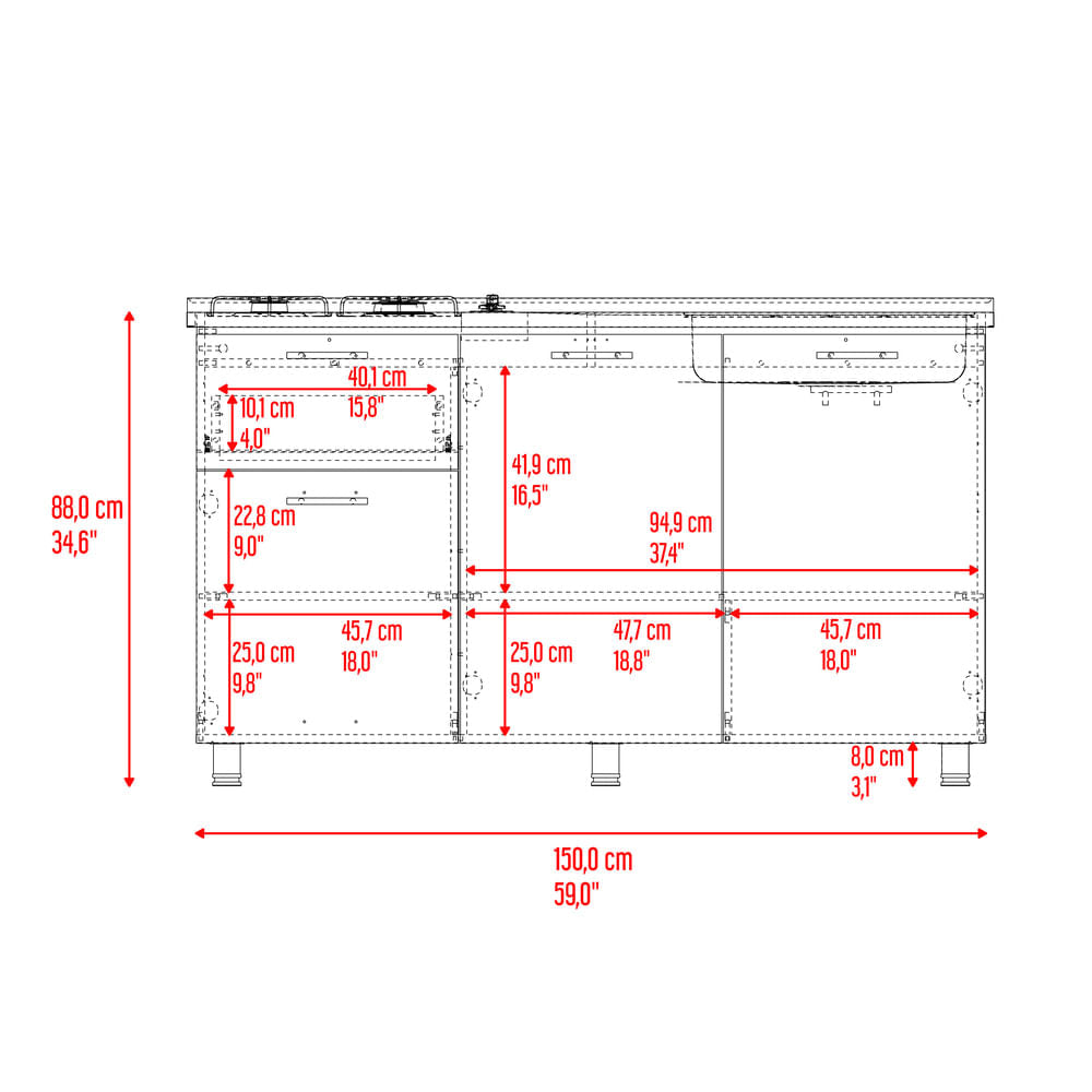 Mueble Inferior Cocina 150 Creta 88X150X40 Blanco Zf