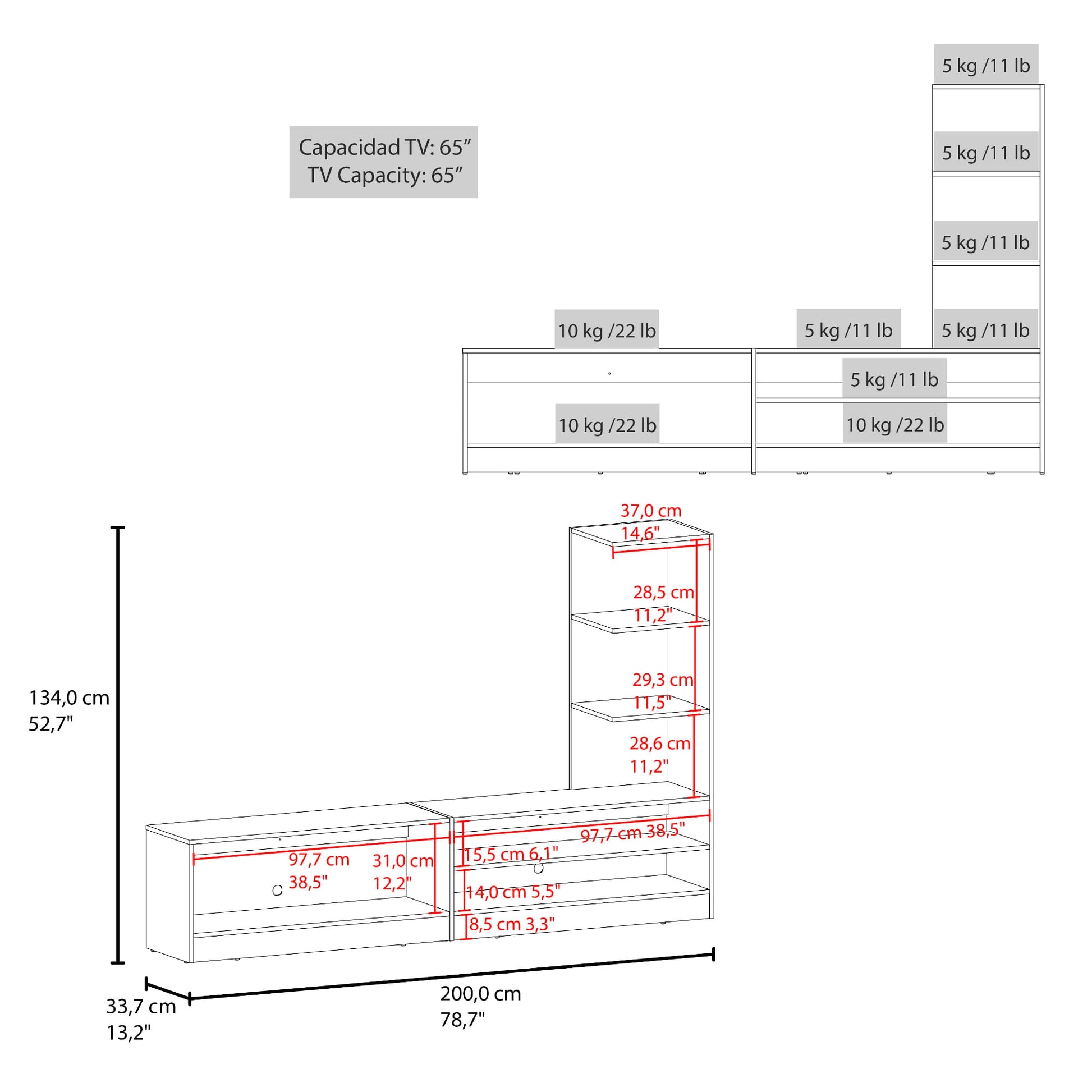 Centro De Entretenimiento 65" Delmar 134X200X33 Fresno Zf
