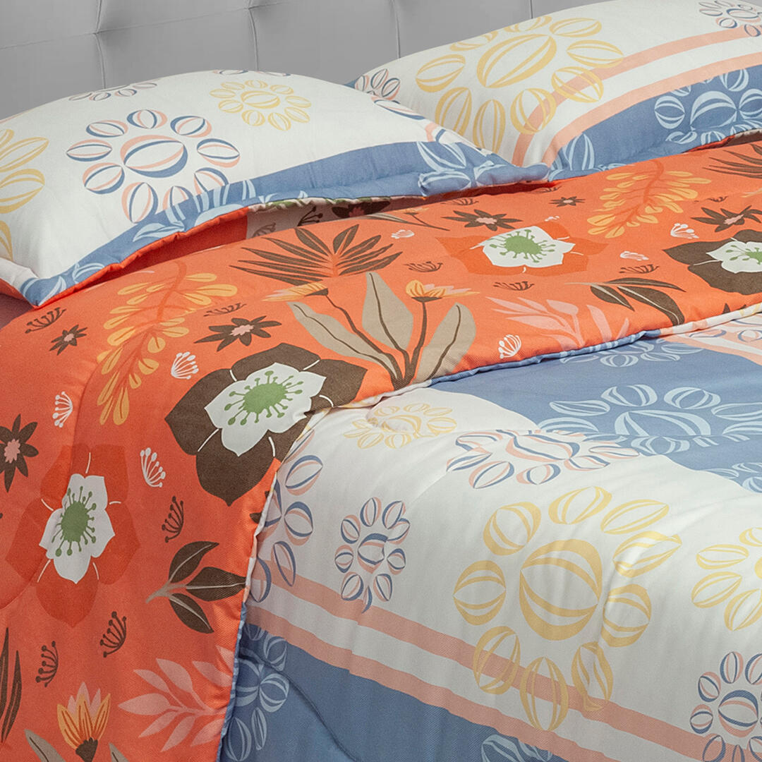 Cubrelecho Semiacolchado Doble Faz Lila Blanco Flores De Verano Suavemente Acolchado