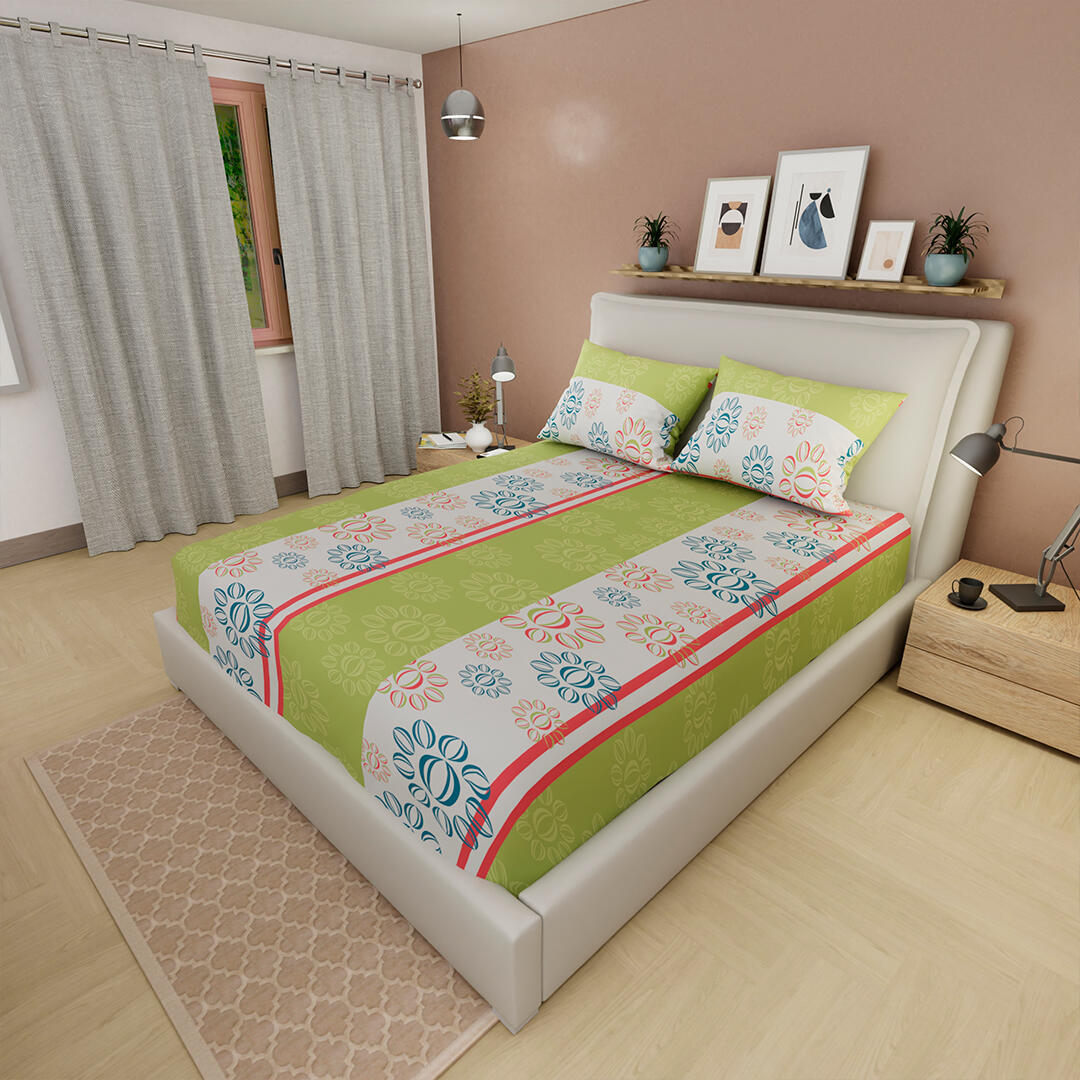 Sábana Ajustable Círculos En Forma De Flor Fondo Verde Limón Con Blanco Y Líneas Rojas Práctica