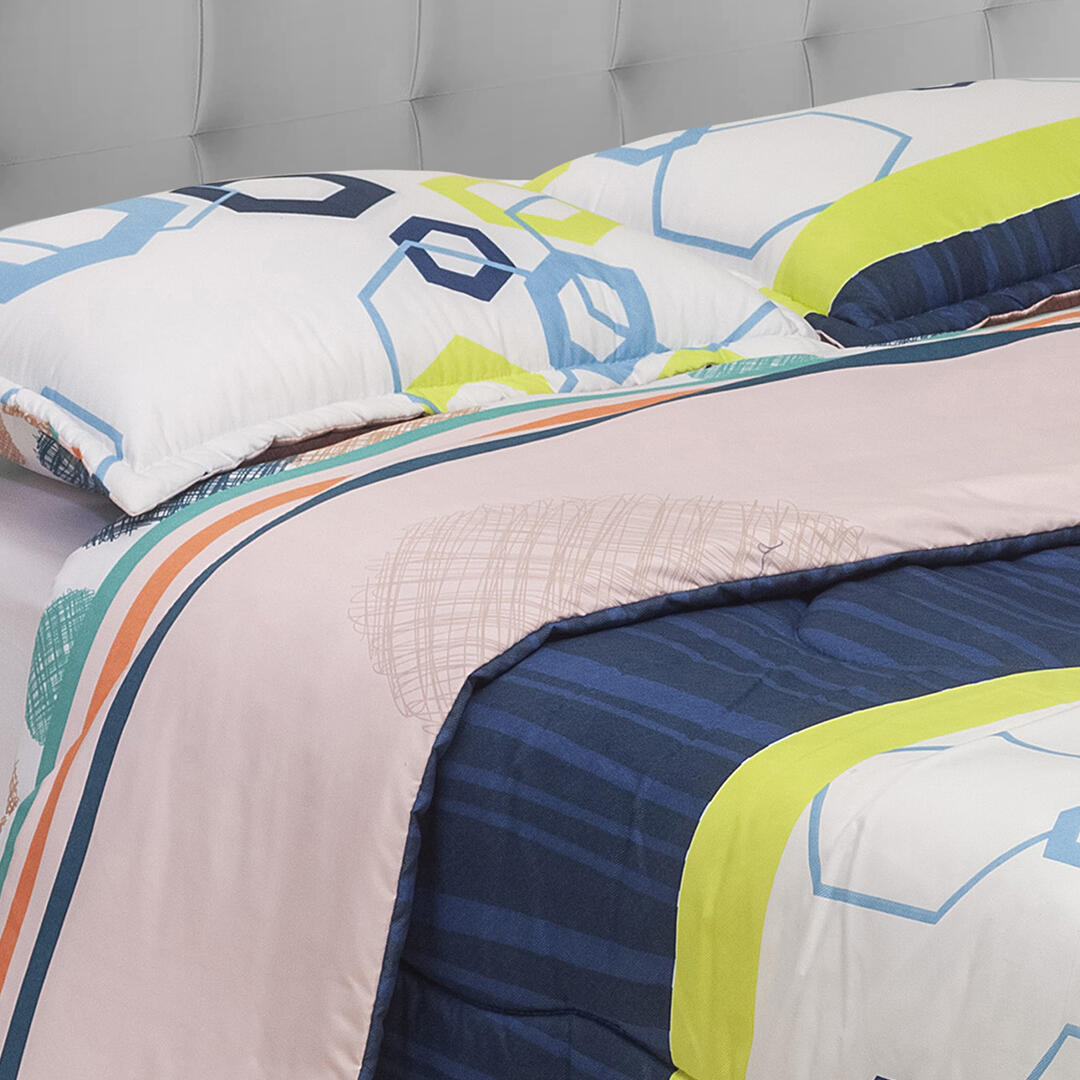Cubrelecho Super Acolchado Azul Y Blanco Con Hexágonos Ultra Suave