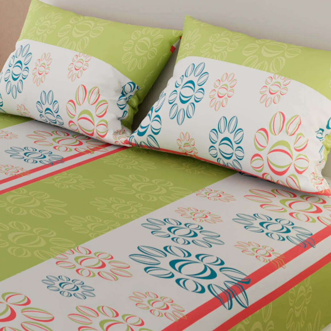 Sábana Ajustable Círculos En Forma De Flor Fondo Verde Limón Con Blanco Y Líneas Rojas Práctica