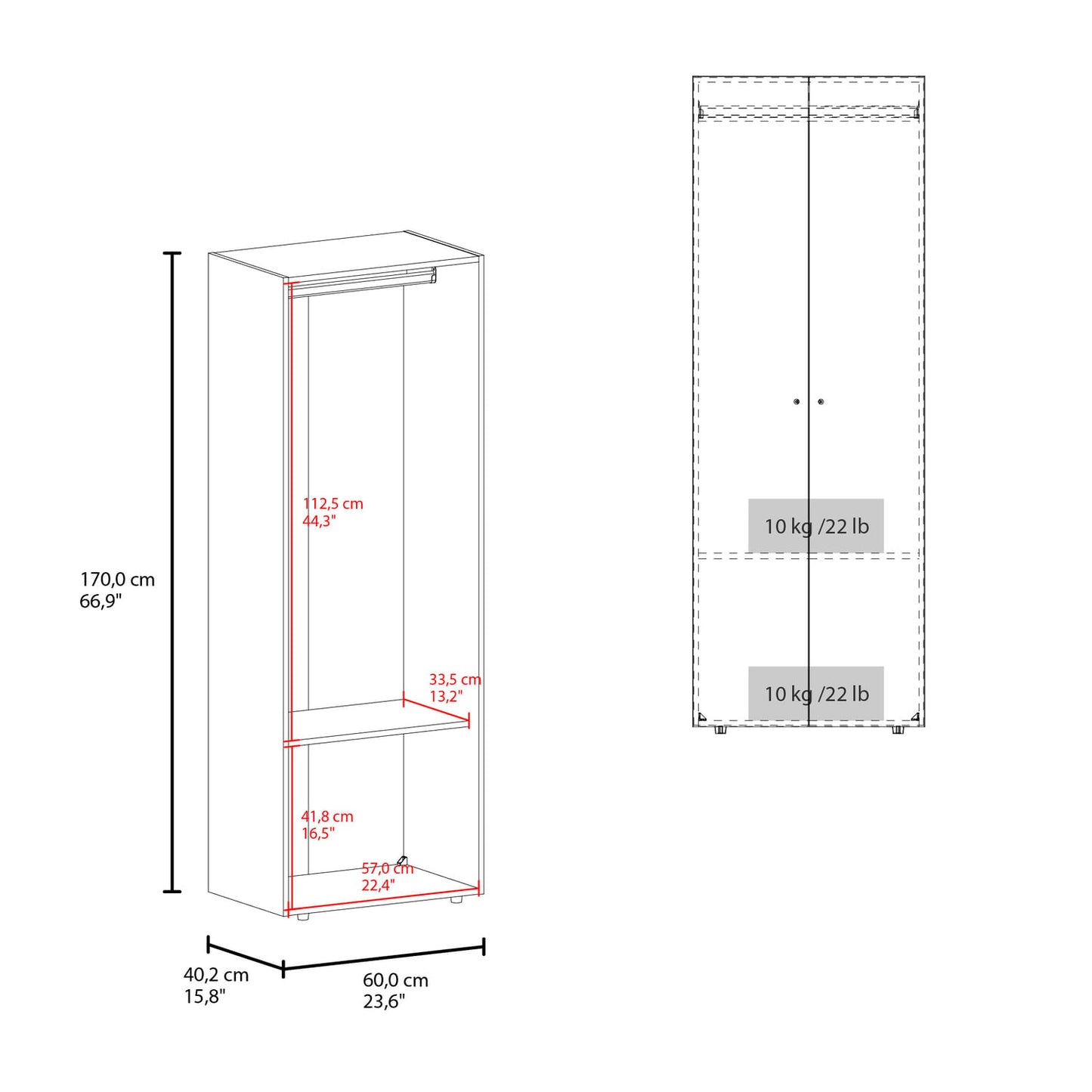 Closet 2 Puertas E1 Tuhogar 170X60X40 Rta Fresno Blanco Zf
