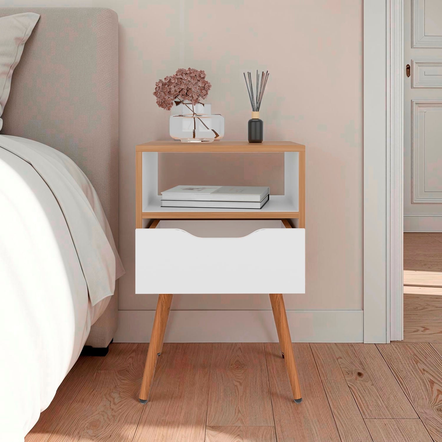 Mesa De Noche Otom 1Cajon Rta Fresno Blanco