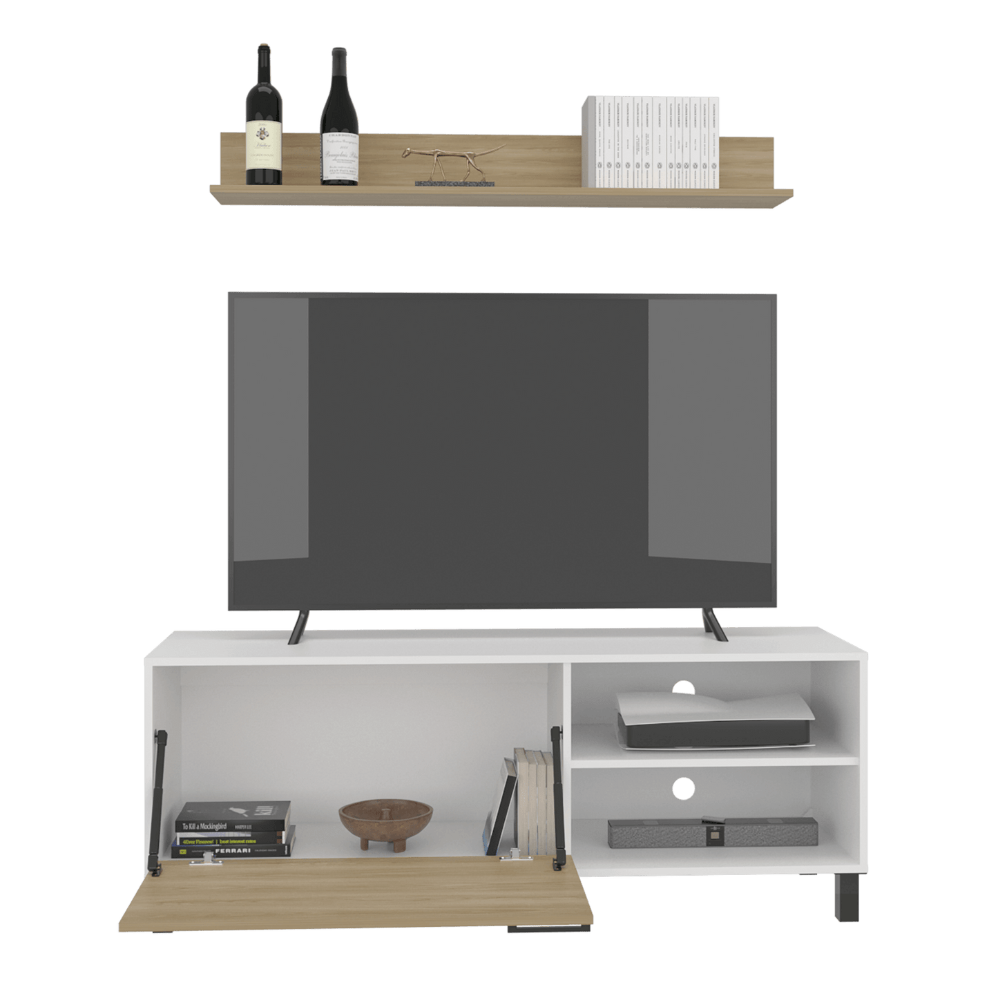 Rack Tv Bryce 55" + Repisa 53X140X40 Rta Blanco Fresno