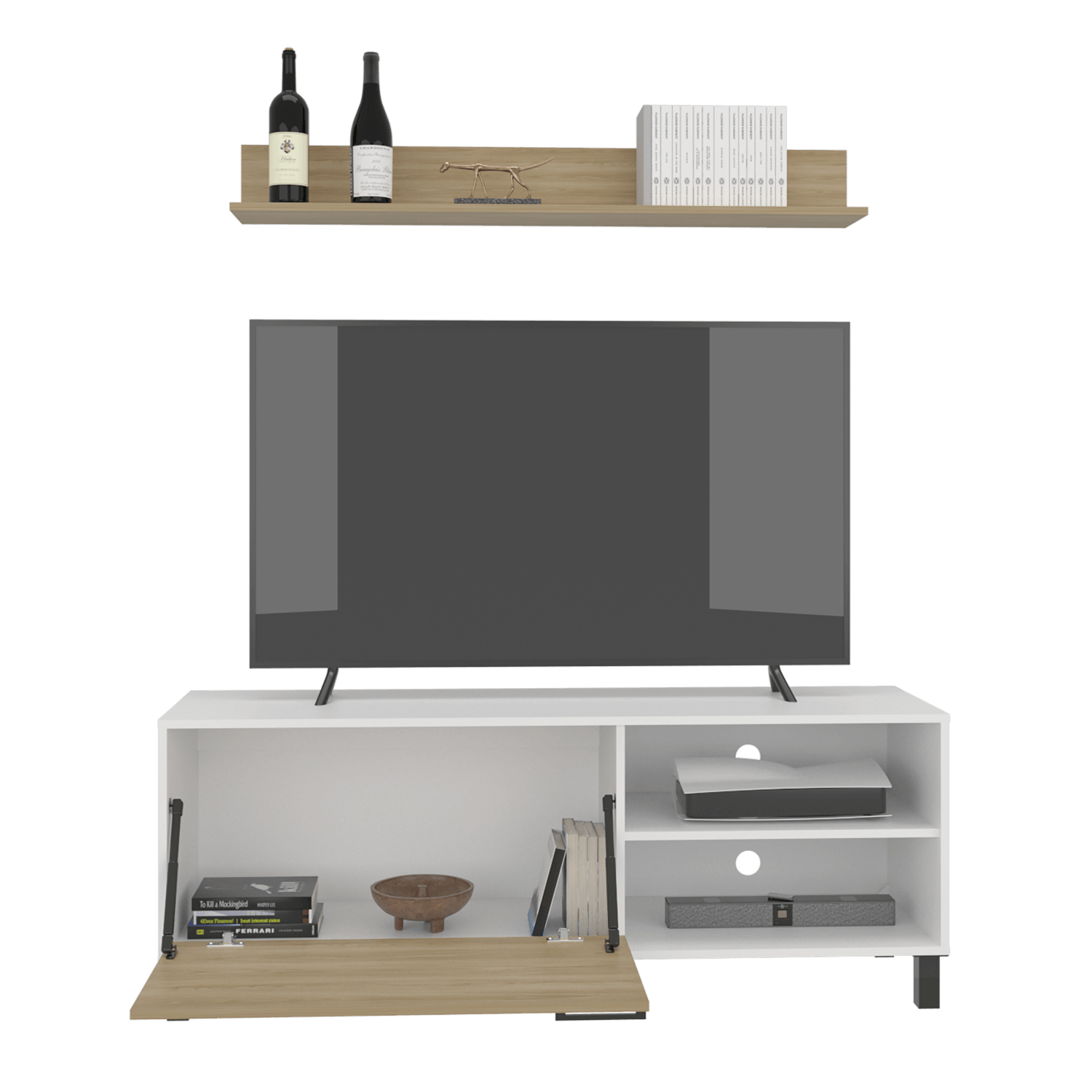Rack Tv Bryce 55" + Repisa 53X140X40 Rta Blanco Fresno