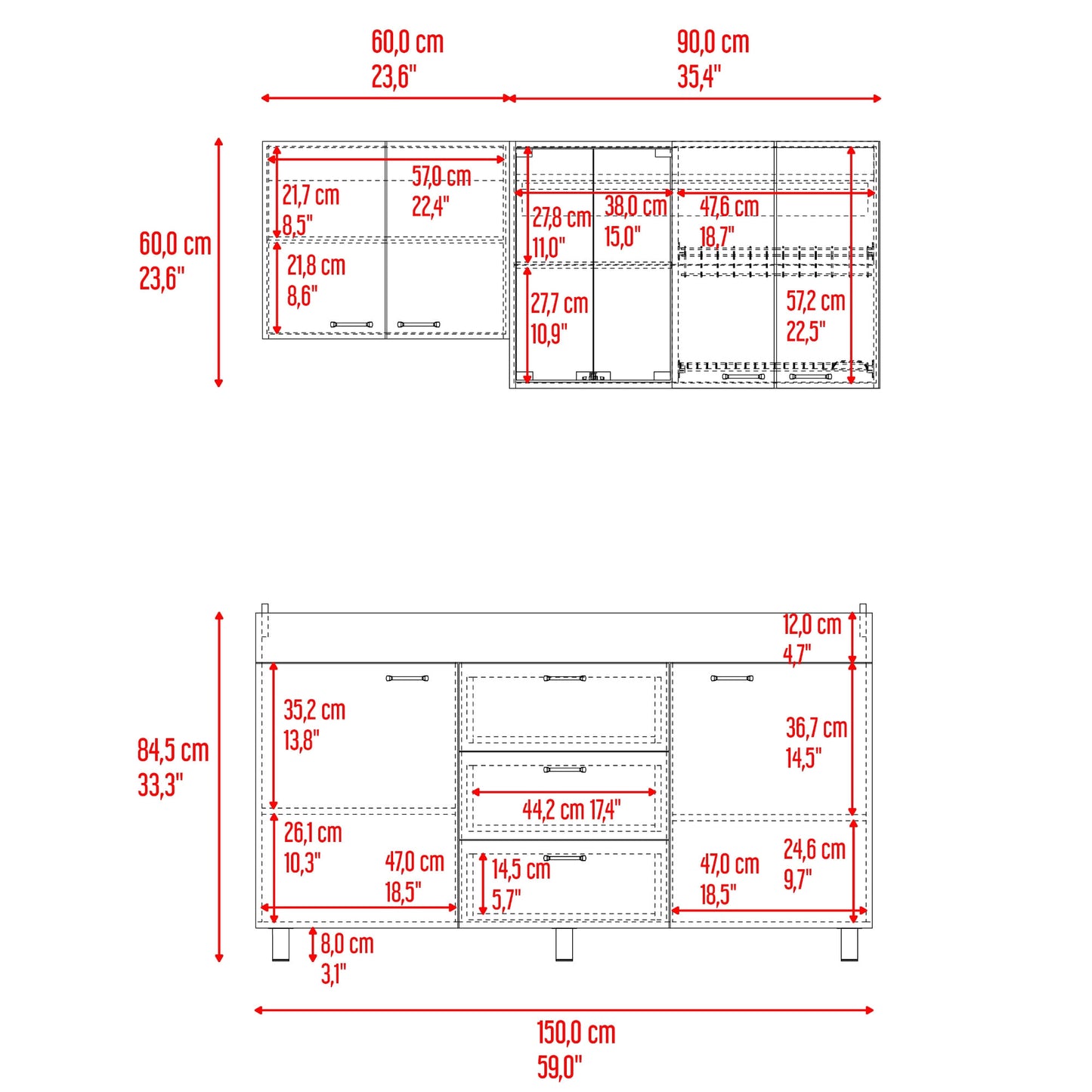 Cocina 150 Lumina Der 60X150X31 Rta Blanco Roble Gris