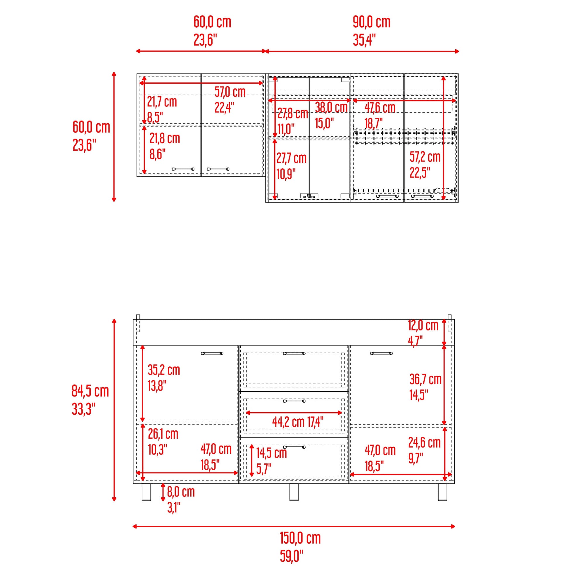 Cocina 150 Lumina Der 60X150X31 Rta Blanco Roble Gris