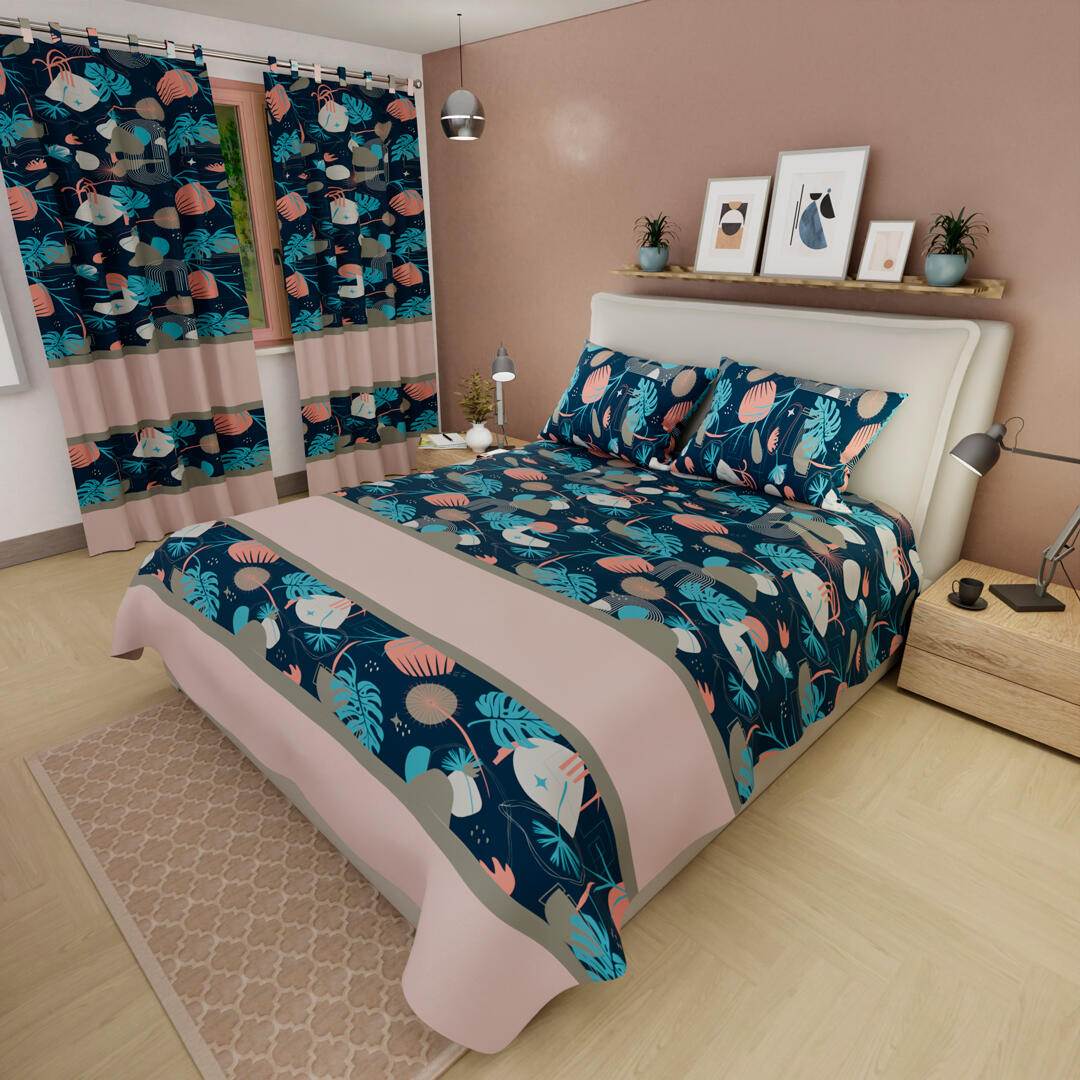 Juego De Sabanas Con Cortinas Azul Rosado Floral