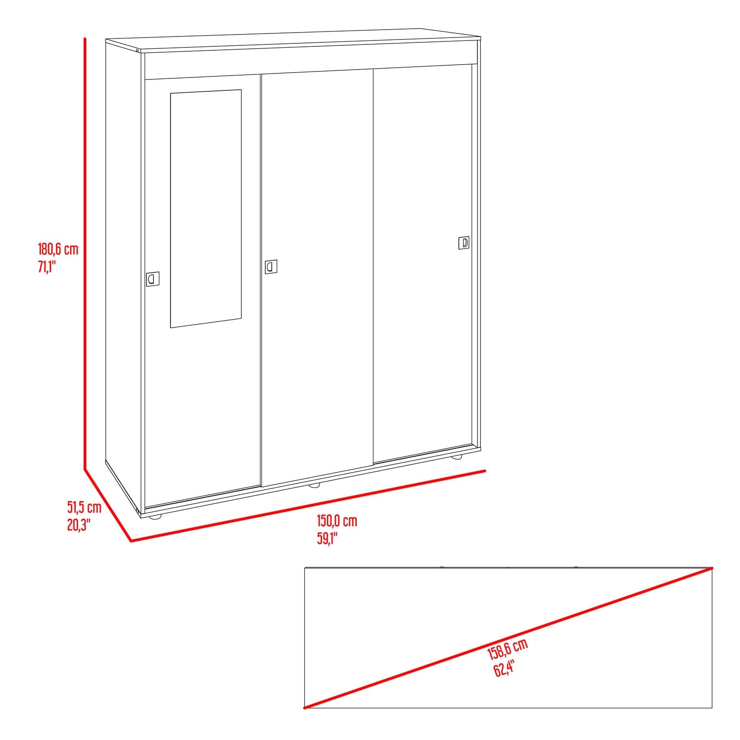 Armario Angelo 3 Puertas 180X150X51 Rta Fresno Wengue