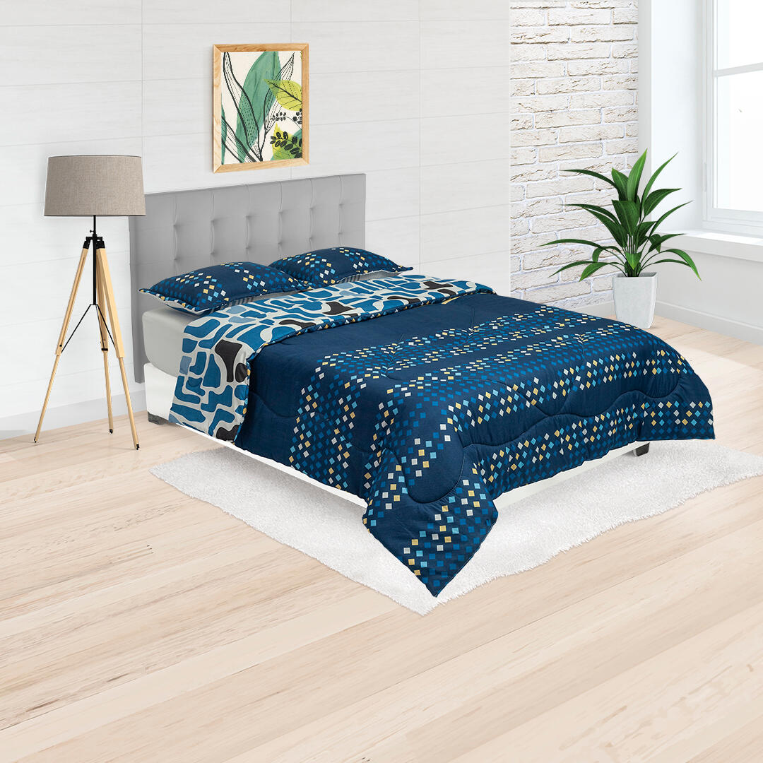 Cubrelecho Semiacolchado Doble Faz Blanco Tejido De Piedras Azules Suavemente Acolchado