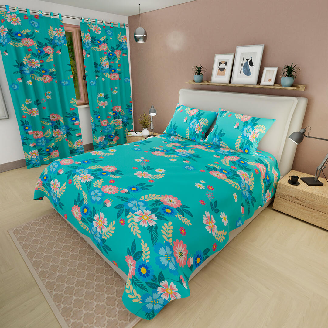 Juego De Sabanas Con Cortinas Floral Fondo Azul Capri