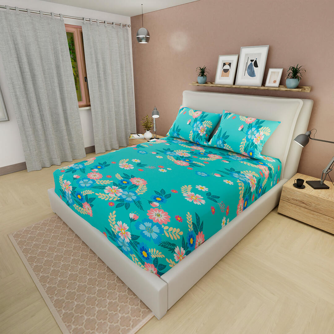 Sabana Ajustable Estampado Floral Fondo Azul Celeste
