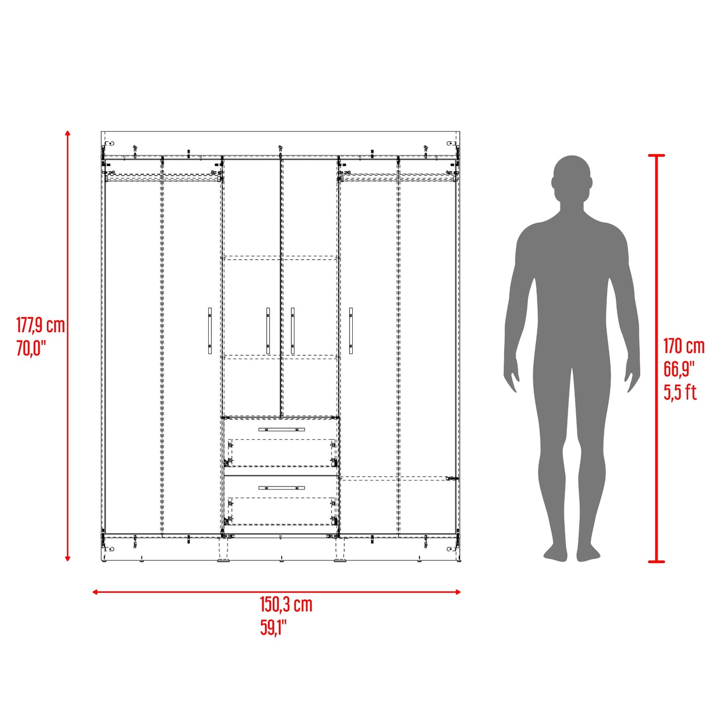 Closet 150 Vm 4 Puertas 2 Cajones 177X150X50 Rta Fresno Eu Wengue