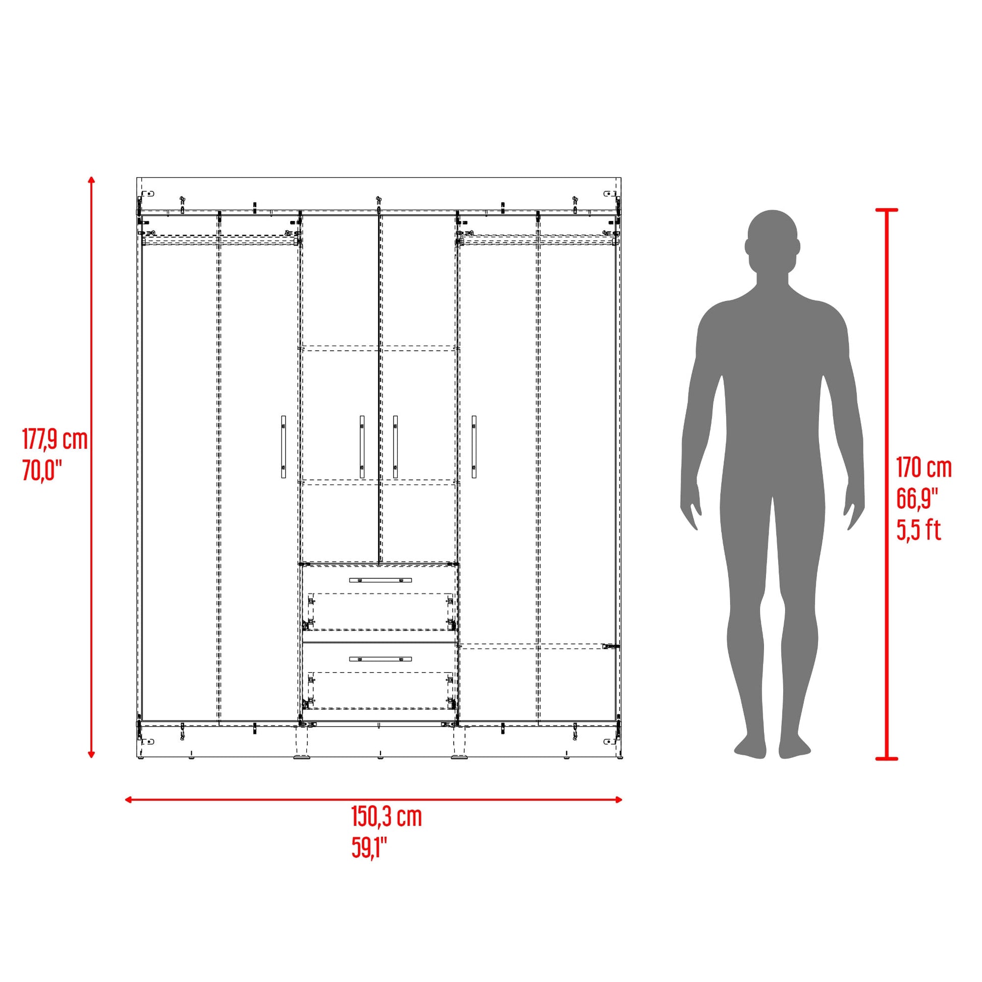 Closet 150 Vm 4 Puertas 2 Cajones 177X150X50 Rta Fresno Eu Wengue