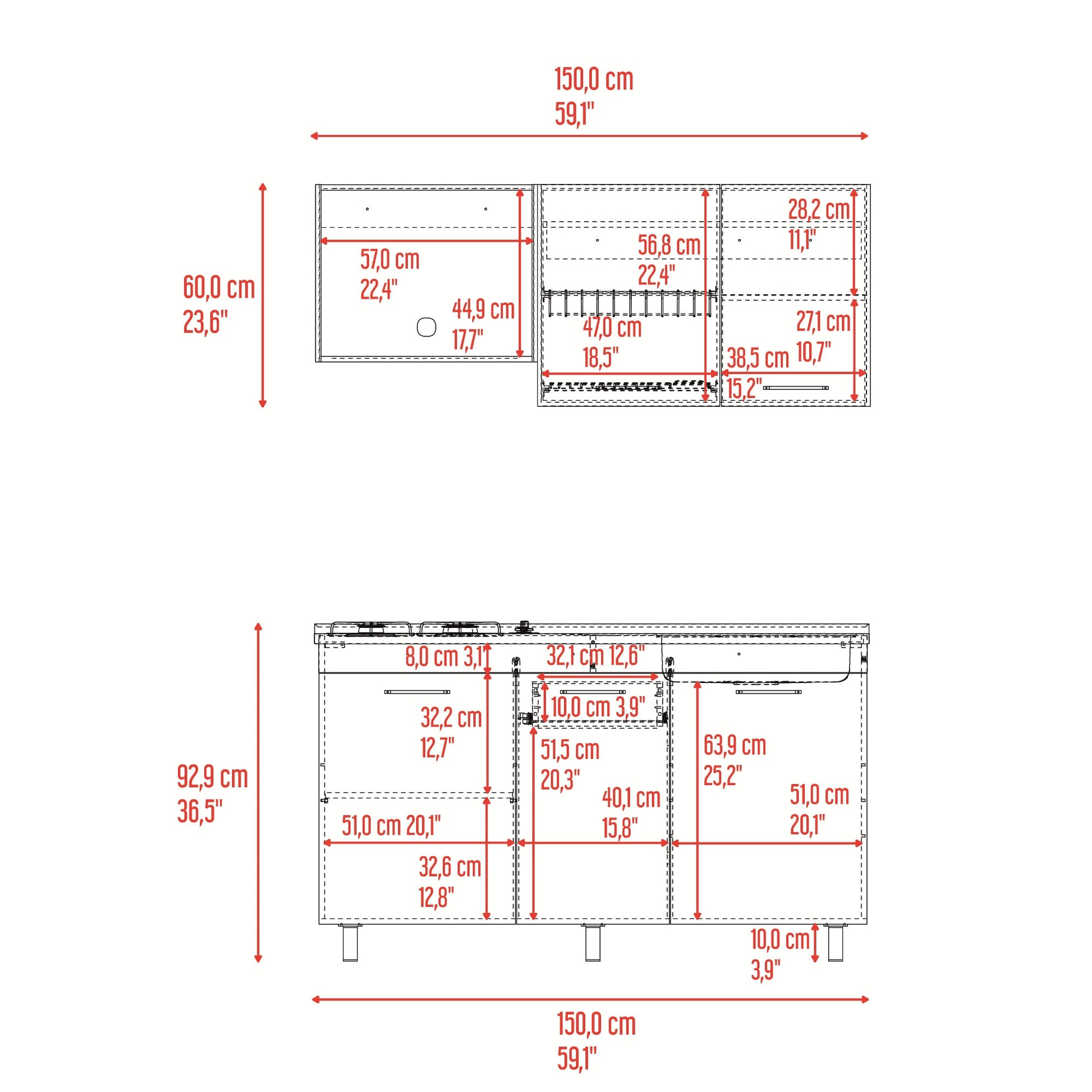 Cocina Miro 150 Derecho 60X150X40 Rta Blanco Fresno