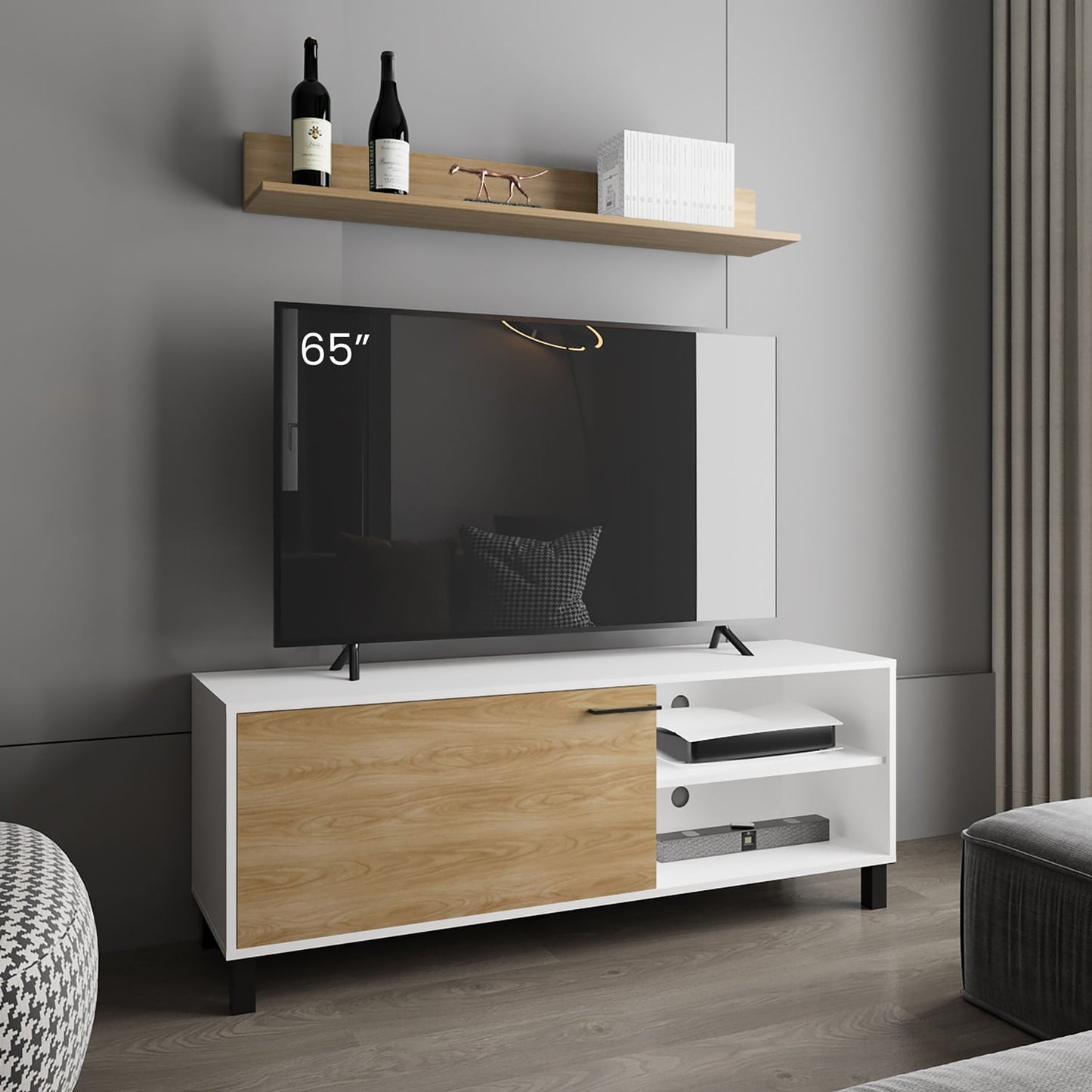Rack Tv Bryce 55" + Repisa 53X140X40 Rta Blanco Fresno