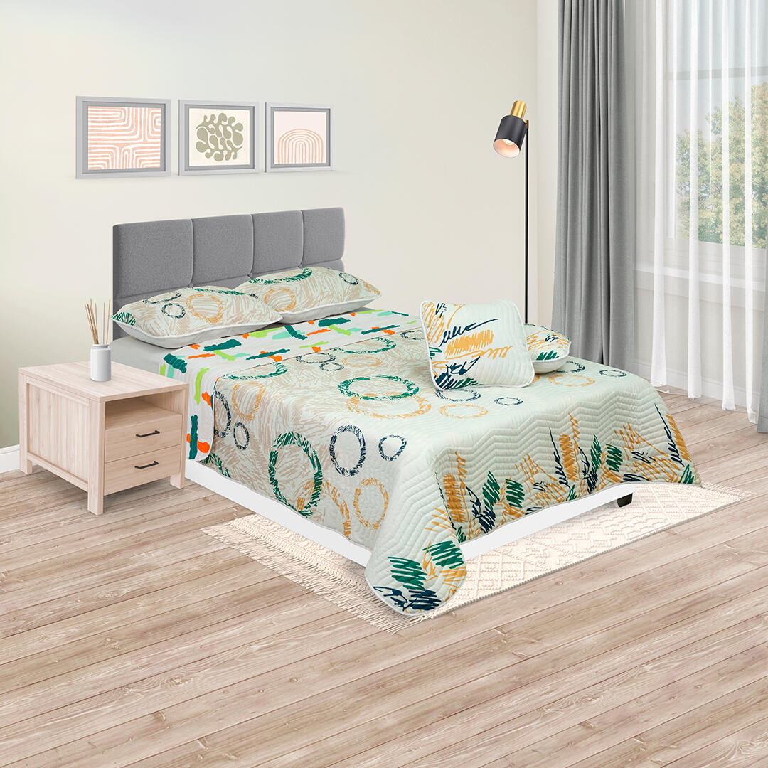 Cubrelecho Español Manchas Verde Limón Naranjas Fondo Blanco Con Verde Y Círculos En Forma De Lineas Amarillas Verdes Fondo Crema