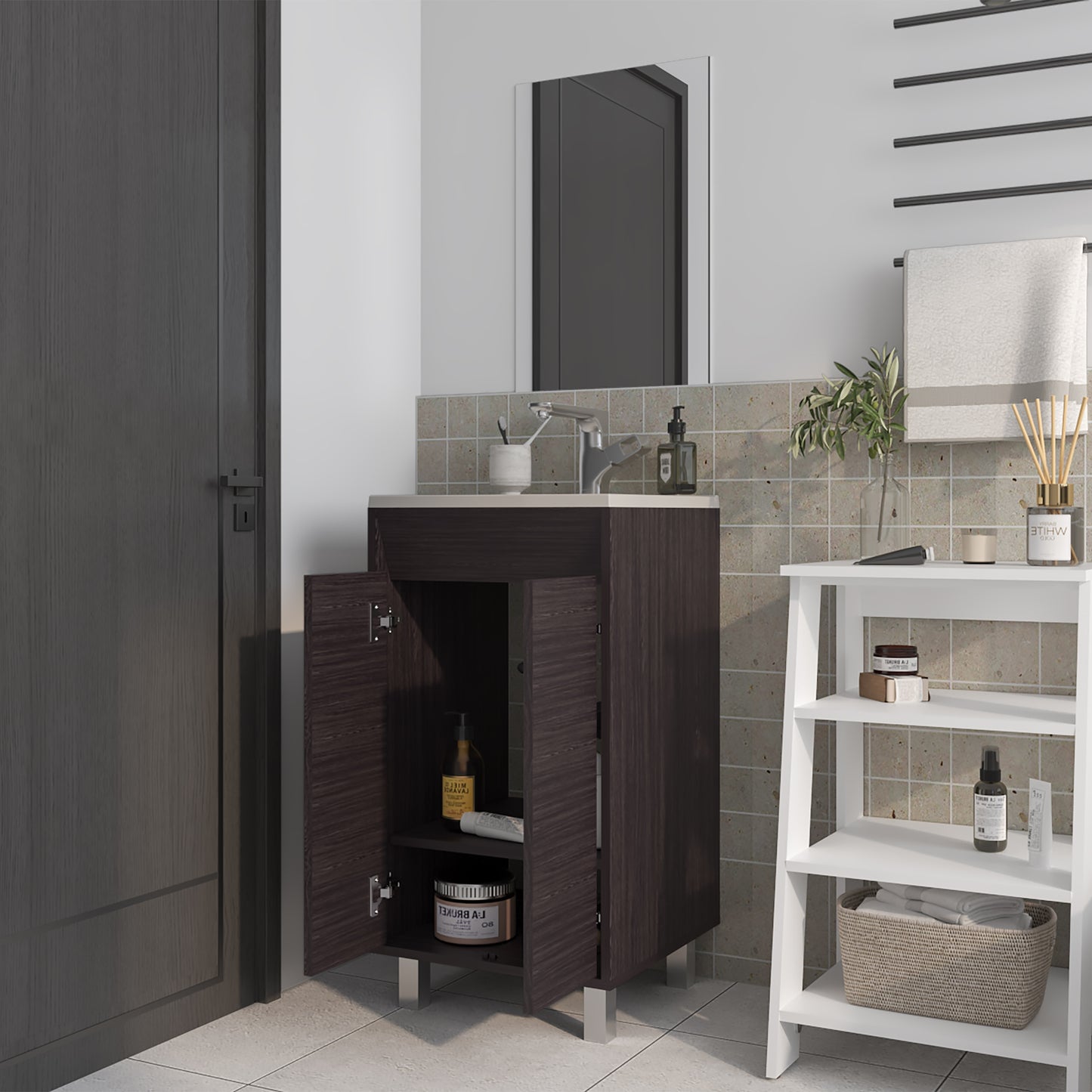 Set Mueble De Baño Brandy + Espejo Bolonia 84X45X45 Rta Wengue Zf