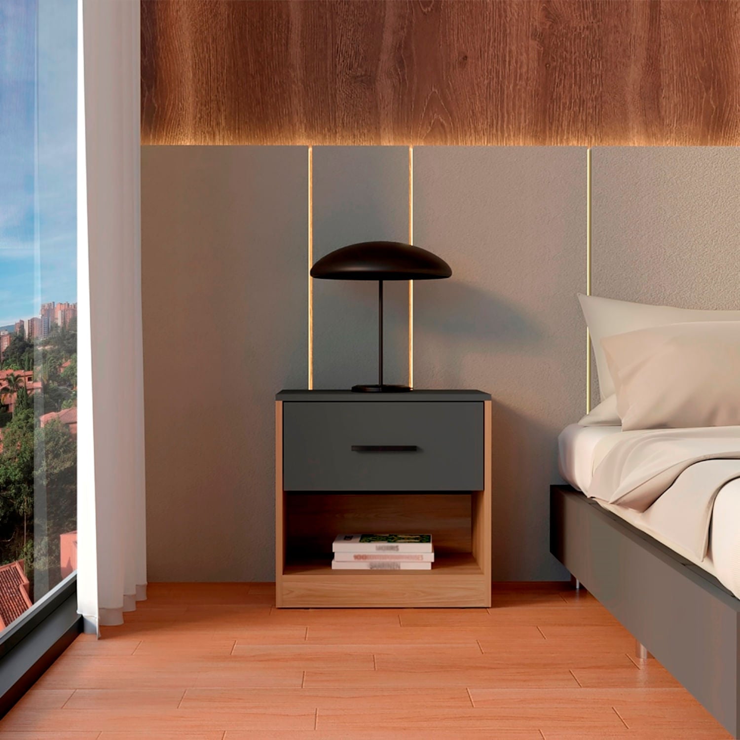 Mesa De Noche Alder 50X50X40 1C Rta Plomo Fresno