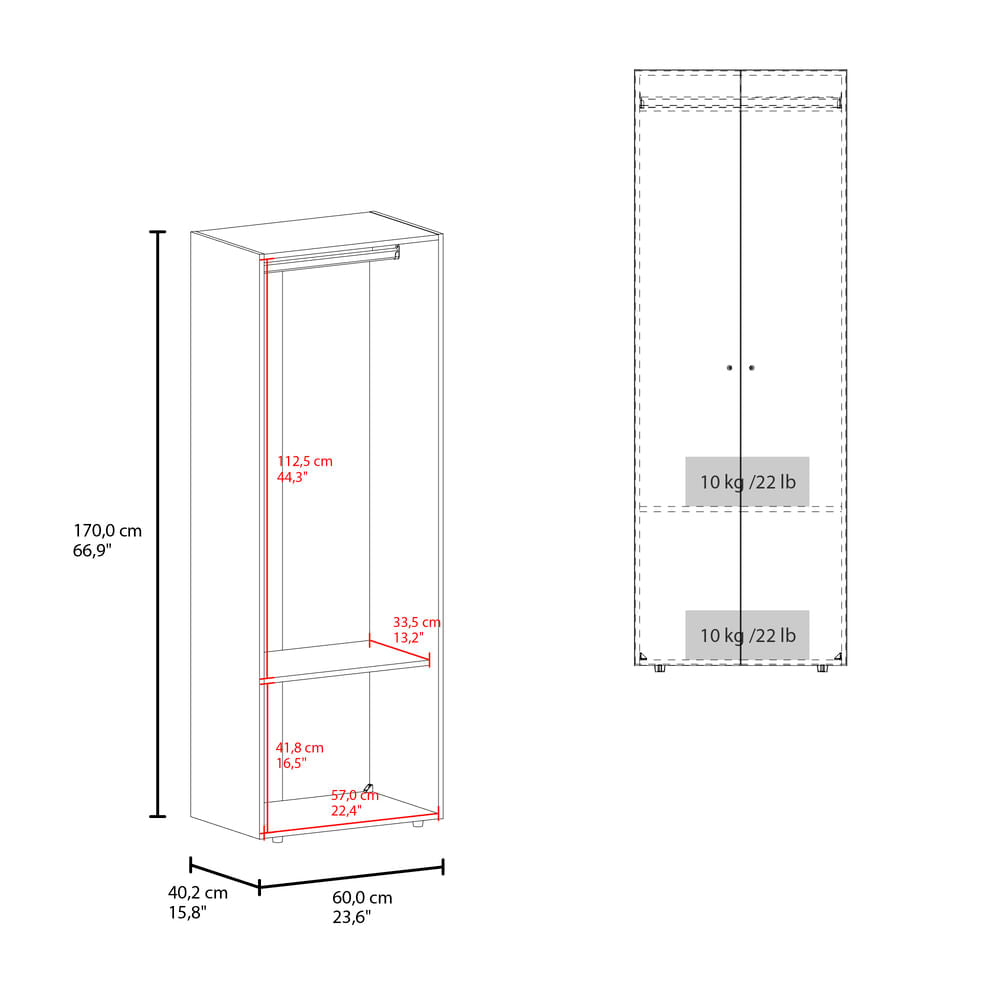 Closet 2 Puertas E1 Tuhogar 170X60X40 Rta Blanco Zf