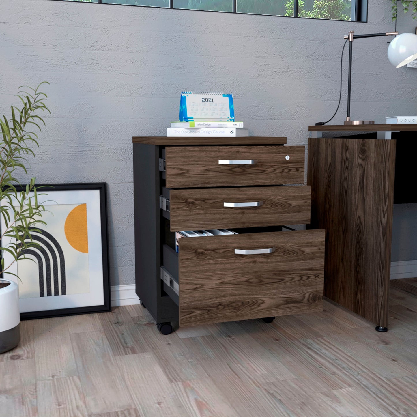 Archivador Home Office 3 Cajones Bajo Rta Wengue Milan
