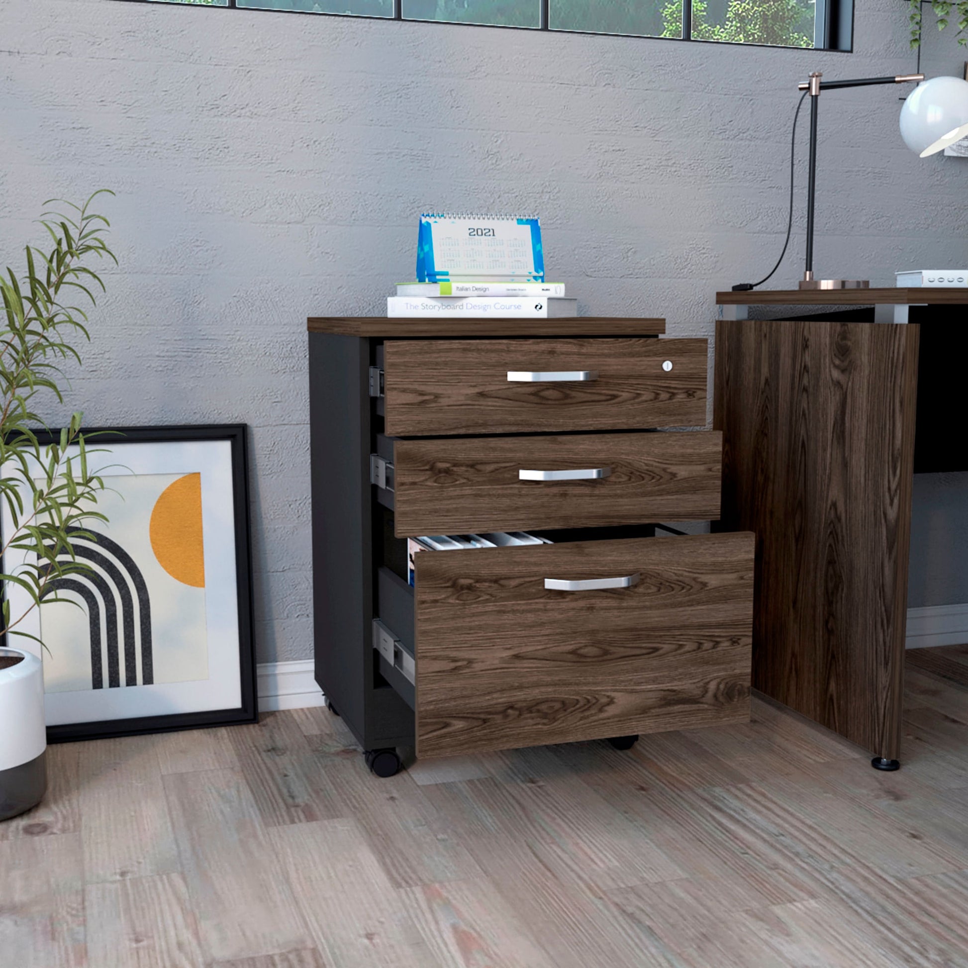 Archivador Home Office 3 Cajones Bajo Rta Wengue Milan