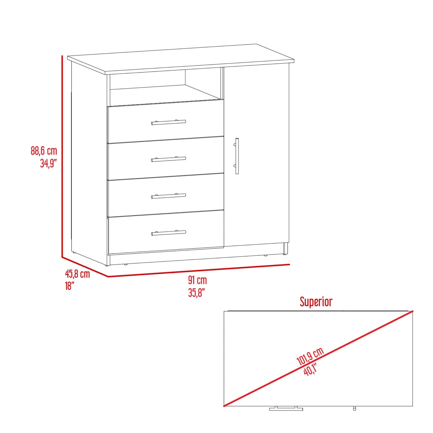 Comoda Peru 4 Cajones 1 Puerta 88X91X45 Rta Blanco