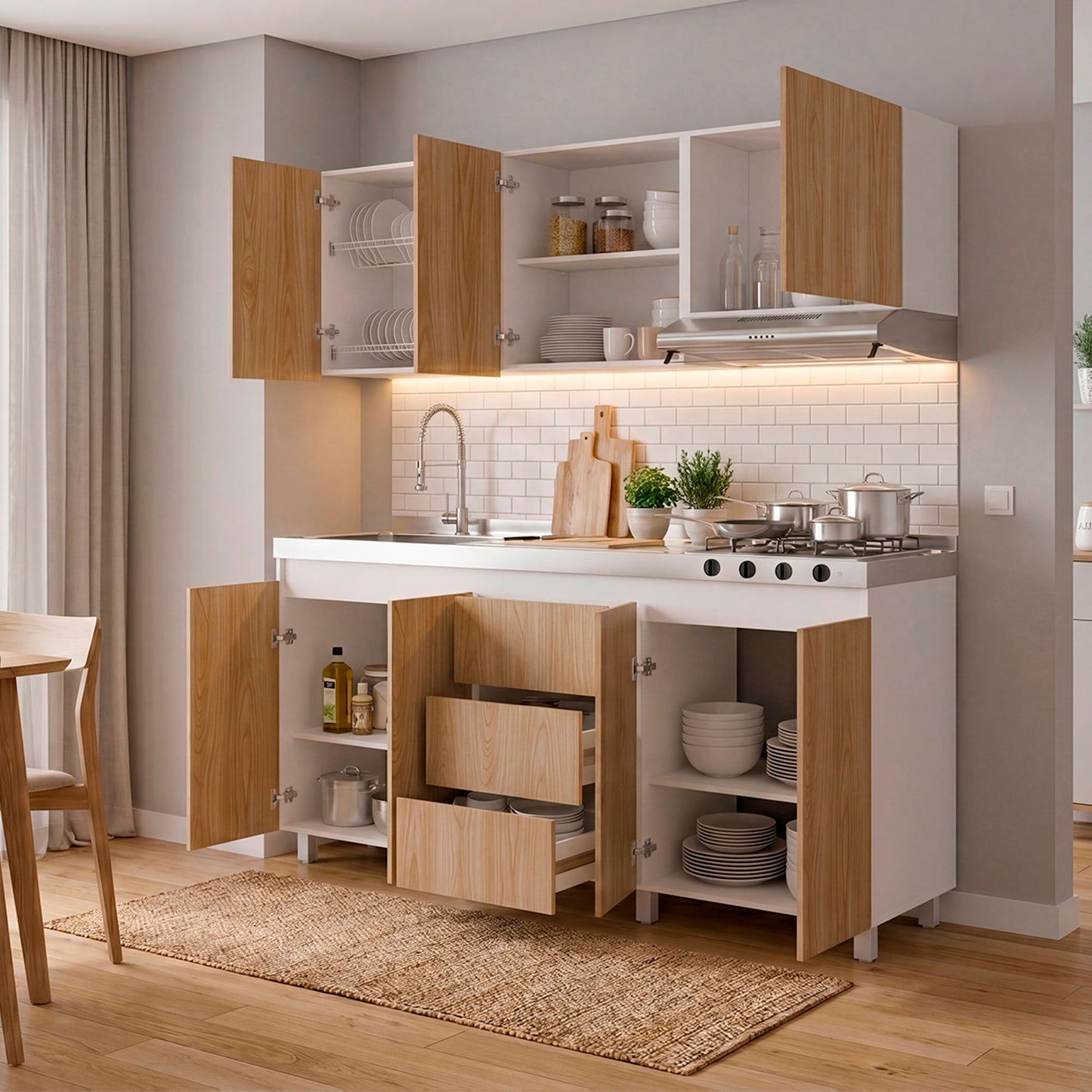 Cocina Boreal Izquierda 210X180X50 Rta Blanco Fresno