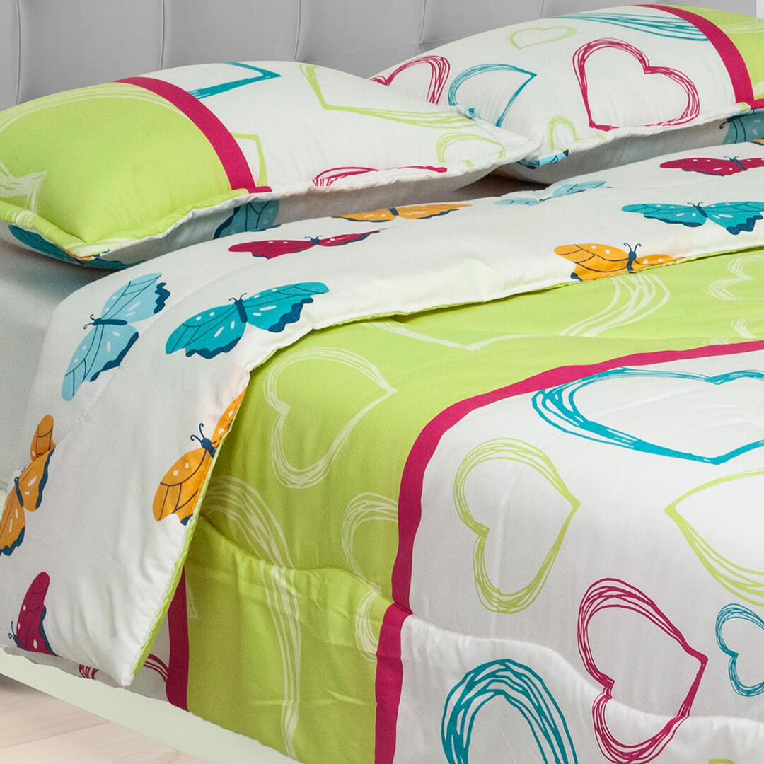 Cubrelecho Súper Acolchado  Mariposas Azul Mostaza Fondo Fuscia Y Blanco